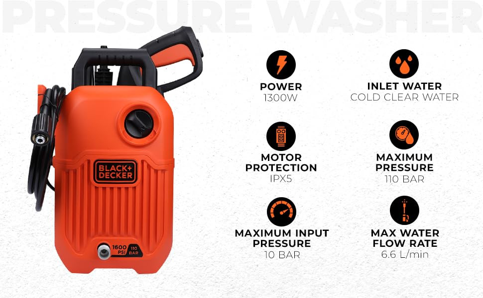 BLACKDECKER BEPW1600 1300W 1600 PSI 110 Bar Pressure Washer for Car Bike Home Garden Cleaning Use with Multiple Accessories Included 1 Year Warranty Orange Black