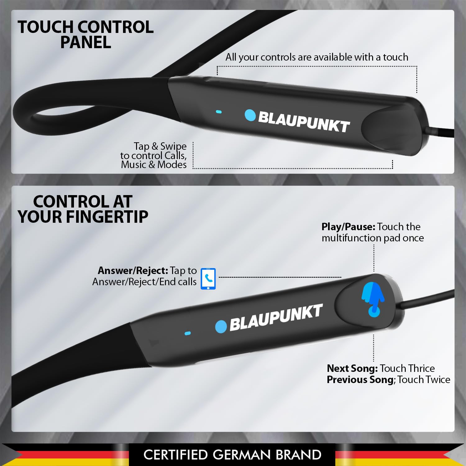 BLAUPUNKT BE120 Touch Wireless in-Ear Neckband with Touch for On-Off Volume Control On The Phone Premium Style No Need to Charge for  Days 40 Hrs Playtime Black