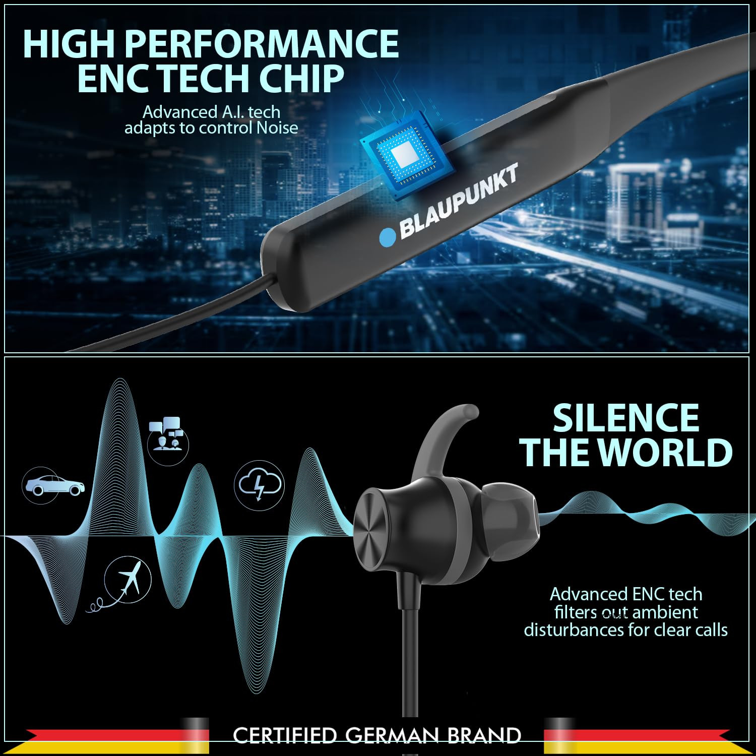 BLAUPUNKT BE120 Touch Wireless in-Ear Neckband with Touch for On-Off Volume Control On The Phone Premium Style No Need to Charge for Days 40 Hrs Playtime Black