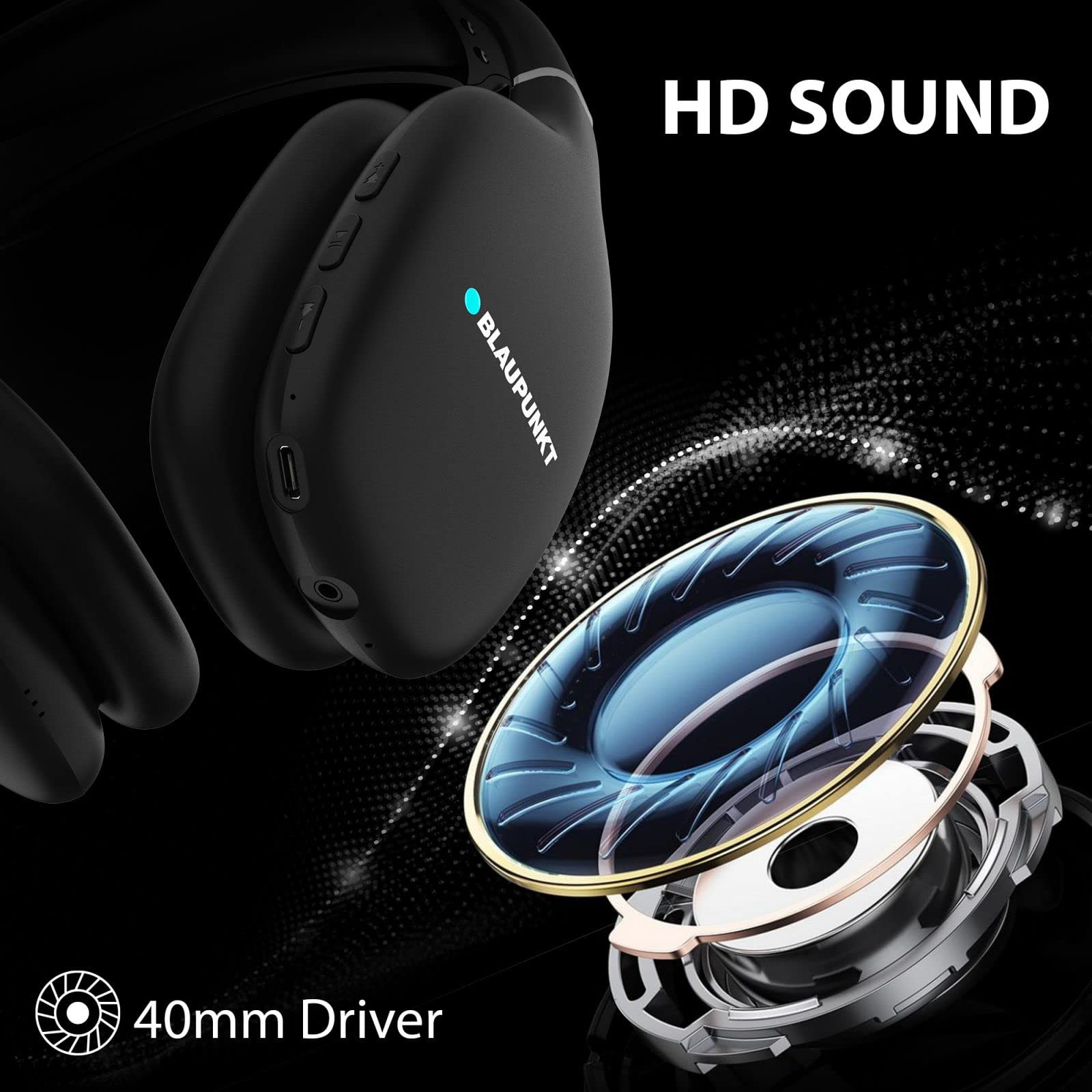 Blaupunkt BH31 Bluetooth Wireless Over Ear Headphones I 40MM Drivers I HD Sound I Soft PU Headband I Media Volume Control with Built in Mic I TurboVolt Fast Charging I AUX Port Black