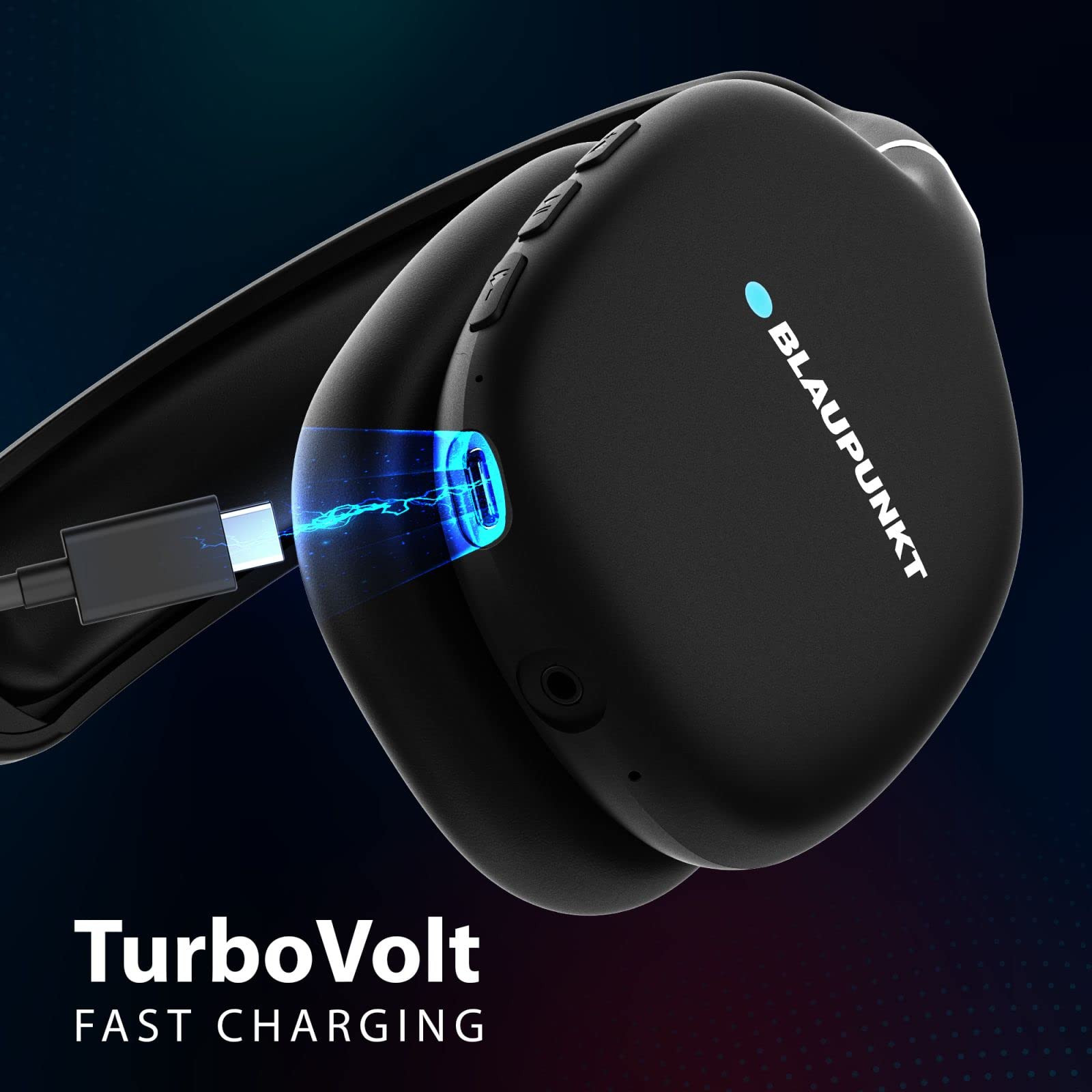 Blaupunkt BH31 Bluetooth Wireless Over Ear Headphones I 40MM Drivers I HD Sound I Soft PU Headband I Media Volume Control with Built in Mic I TurboVolt Fast Charging I AUX Port Black