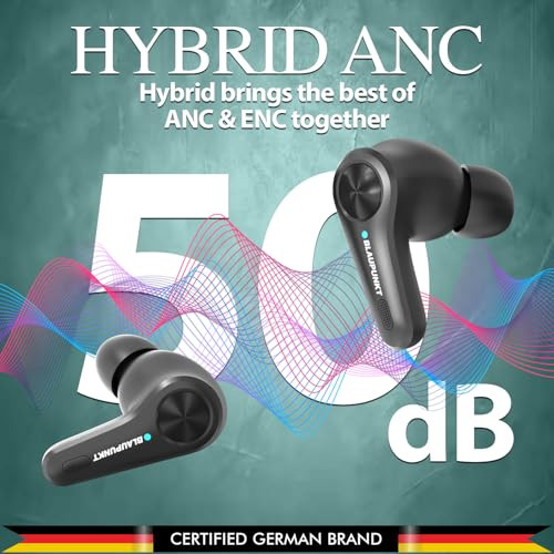 Blaupunkt BTW300 Rhodium Moskha Hybrid ANC in Ear Earbuds with 50dB I 6 Mics CRISPR ENC I Blink Pair Tech I Ambient Mode Noise Cancelling I TurboVolt Fast ChargingEbony Black