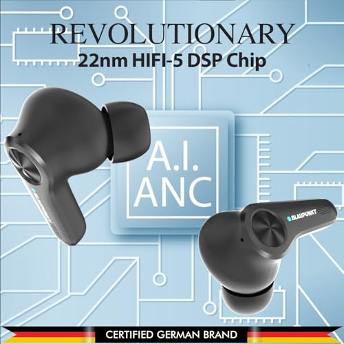 Blaupunkt BTW300 Rhodium Moskha Hybrid ANC in Ear Earbuds with 50dB I 6 Mics CRISPR ENC I Blink Pair Tech I Ambient Mode Noise Cancelling I TurboVolt Fast ChargingEbony Black