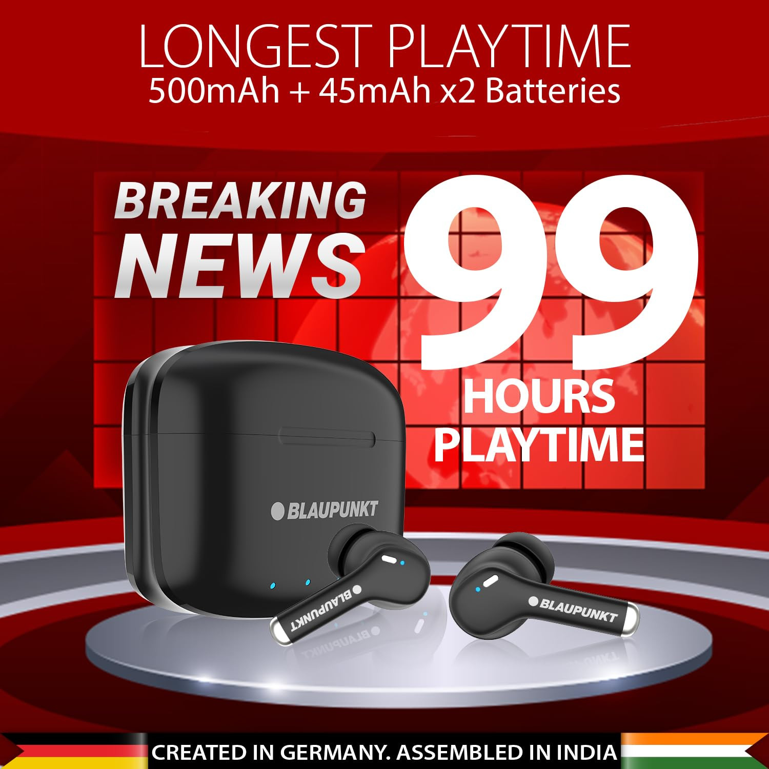 Blaupunkt Newly Launched Btw100 Xtreme Truly Wireless Bluetooth Earbuds I 99H Playtime I Quad Mic I Crispr Enc Tech I Gaming Mode I Turbovolt Charging I Bt Version 53 Blackin Ear