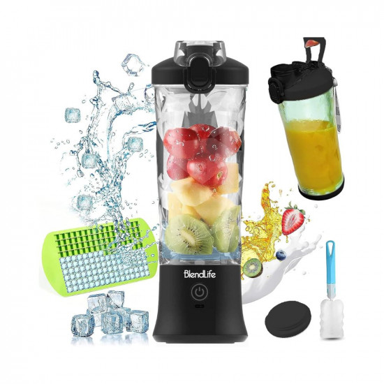 BlendLife Ultra Portable Blender For Juices Shakes Smoothies 230W 4000mah Battery Pulse Mode Feature LED Lights USB-C Waterproof Charging Port Inbuilt 600ml Jar Sipper Carry Handle - Black