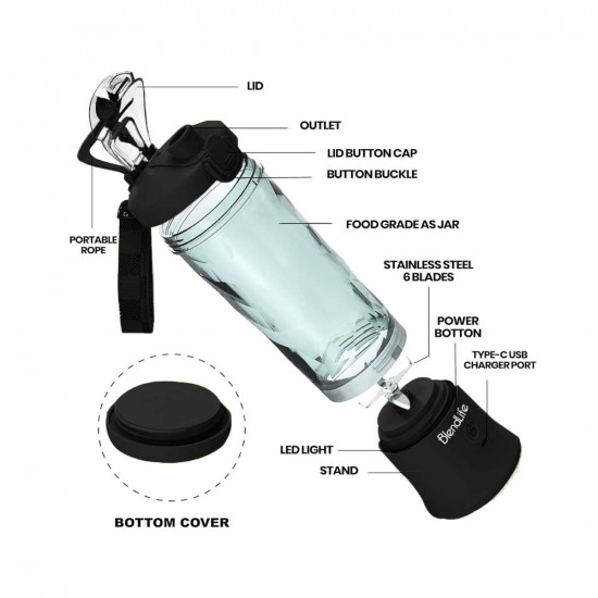 BlendLife Ultra Portable Blender For Juices Shakes Smoothies 230W 4000mah Battery Pulse Mode Feature LED Lights USB-C Waterproof Charging Port Inbuilt 600ml Jar Sipper Carry Handle - Black