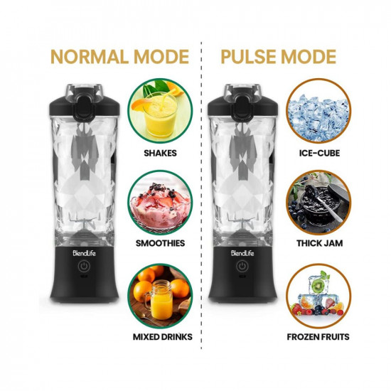 BlendLife Ultra Portable Blender For Juices Shakes Smoothies 230W 4000mah Battery Pulse Mode Feature LED Lights USB-C Waterproof Charging Port Inbuilt 600ml Jar Sipper Carry Handle - Black