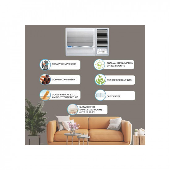 Blue Star 1 Ton 3 Star Fixed Speed Window AC Copper Turbo Cool Humidity Control Fan Modes-AutoHighMediumLow Hydrophilic Blue Fins Dust Filters Self-Diagnosis 2023 Model WFB312LN White