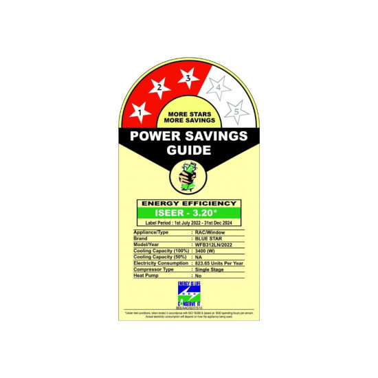 Blue Star 1 Ton 3 Star Fixed Speed Window AC Copper Turbo Cool Humidity Control Fan Modes-AutoHighMediumLow Hydrophilic Blue Fins Dust Filters Self-Diagnosis 2023 Model WFB312LN White