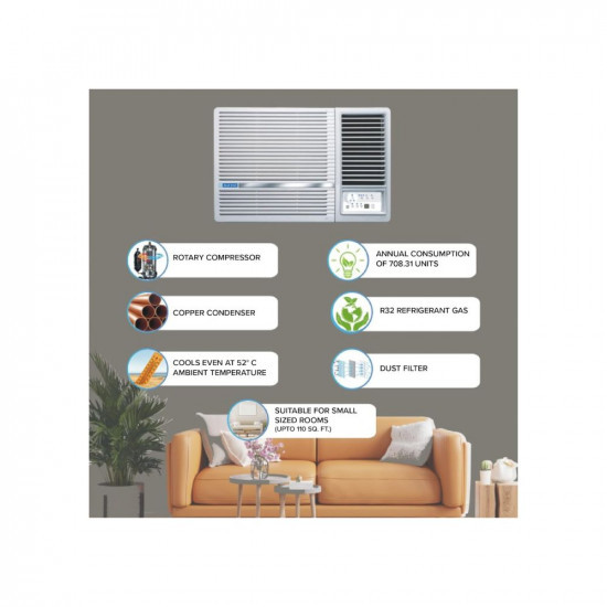 Blue Star 1 Ton 5 Star Fixed Speed Window AC Copper Turbo Cool Humidity Control Fan Modes-AutoHighMediumLow Hydrophilic Blue Fins Dust Filters Self-Diagnosis 2023 Model WFA512LN White