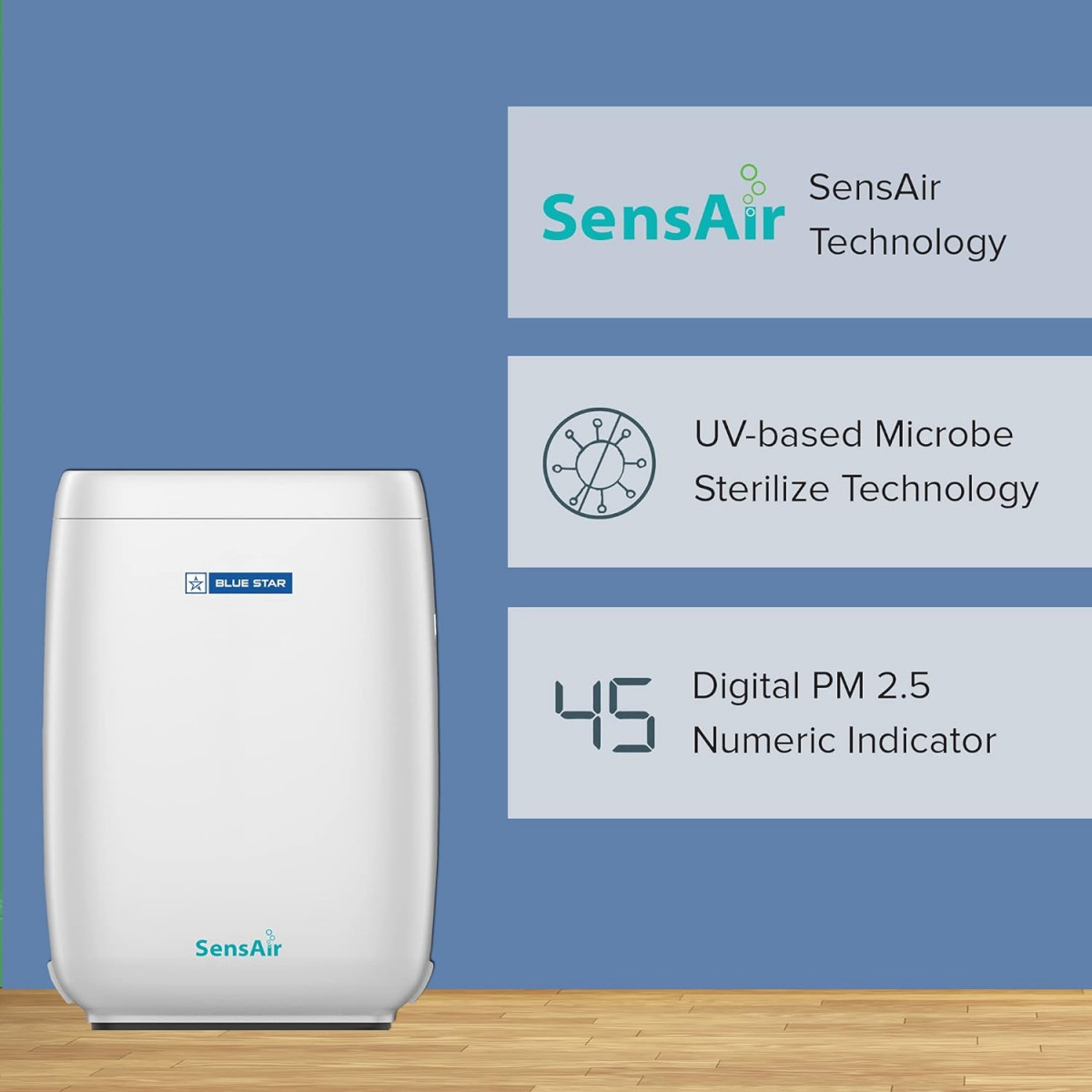 Blue Star Air Purifier AP420OANRoom Air Purifier with UV Based Microbe Sterilize technologySensAirHEPA FilterActive CarbonRemoves 997 Airborne Viruses Bacteria592 sq ft Coverage Area