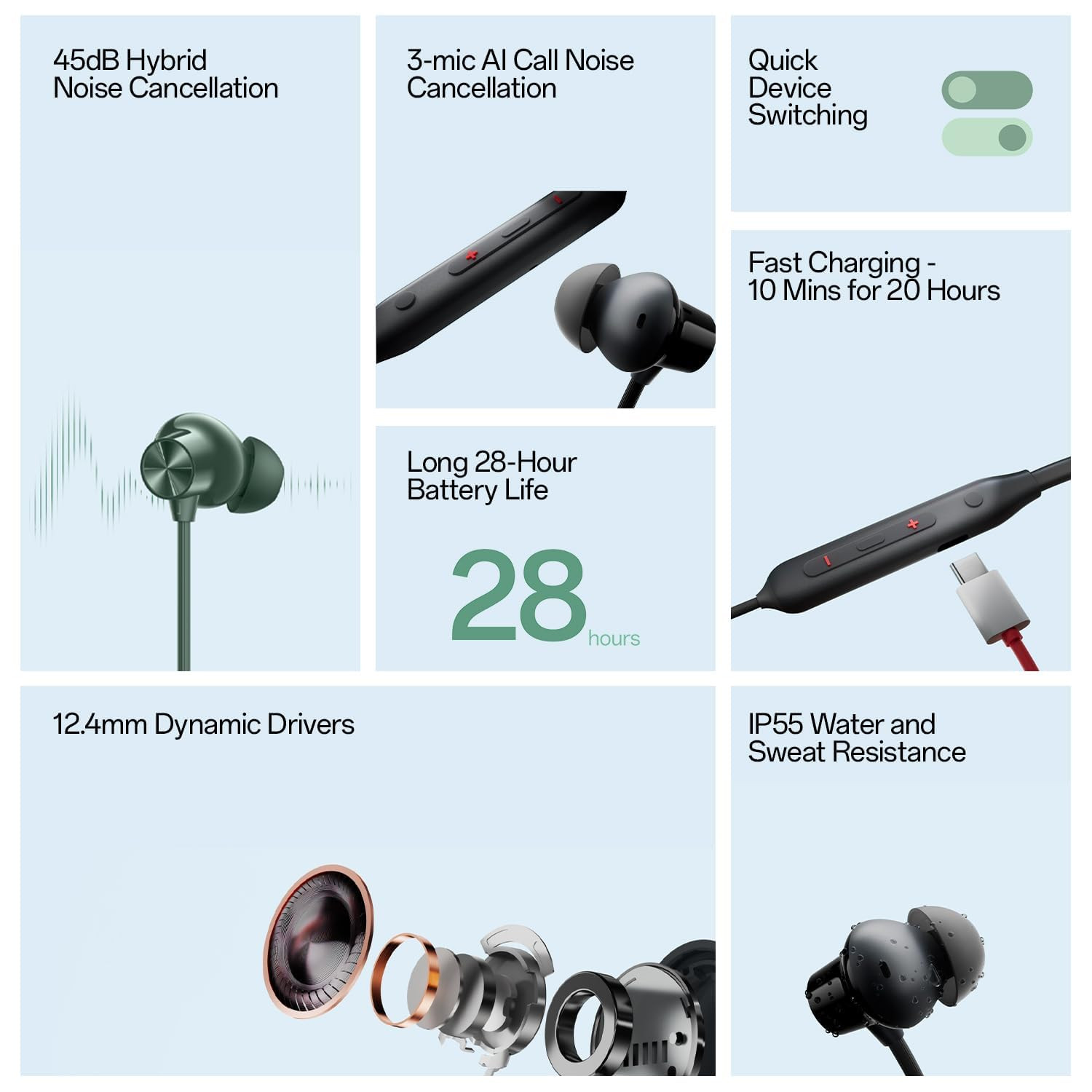Bluetooth Wireless in Ear Earphones Compatible with OnePlus Bullets Z2 ANC with Mic Bombastic Bass 10 Mins Charge - 20 Hrs Music 30 Hrs Battery LifeGreen
