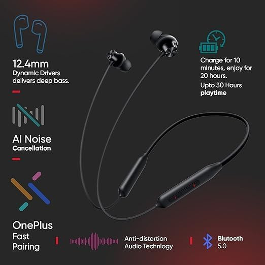 Bluetooth Wireless in Ear Earphones Compatible with OnePlus Bullets Z2 with Mic Bombastic Bass 10 Mins Charge - 20 Hrs Music 30 Hrs Battery LifeBlack-2