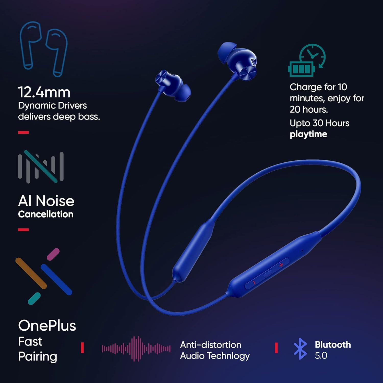 Bluetooth Wireless in Ear Earphones Compatible with OnePlus with Mic Bombastic Bass 10 Mins Charge - 20 Hrs Music 30 Hrs Battery Life-Royal Blue