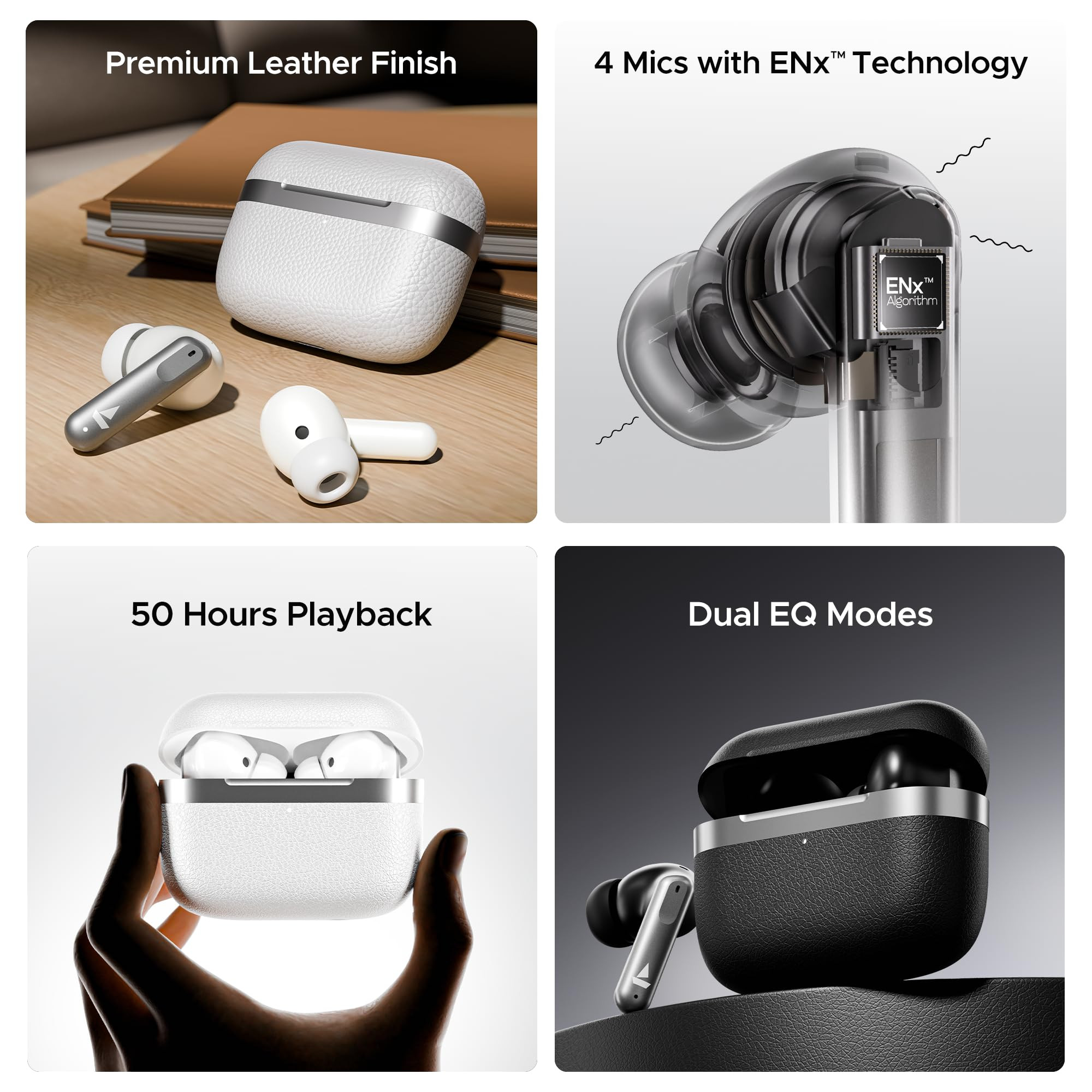 boAt Airdopes 111v2 Premium Leather Finish 4Mics ENx 50HRS Battery 13mm Drivers Fast Charge Dual Pair v54 Bluetooth TWS in Ear Earbuds Wireless Earphones with mic Classic Black