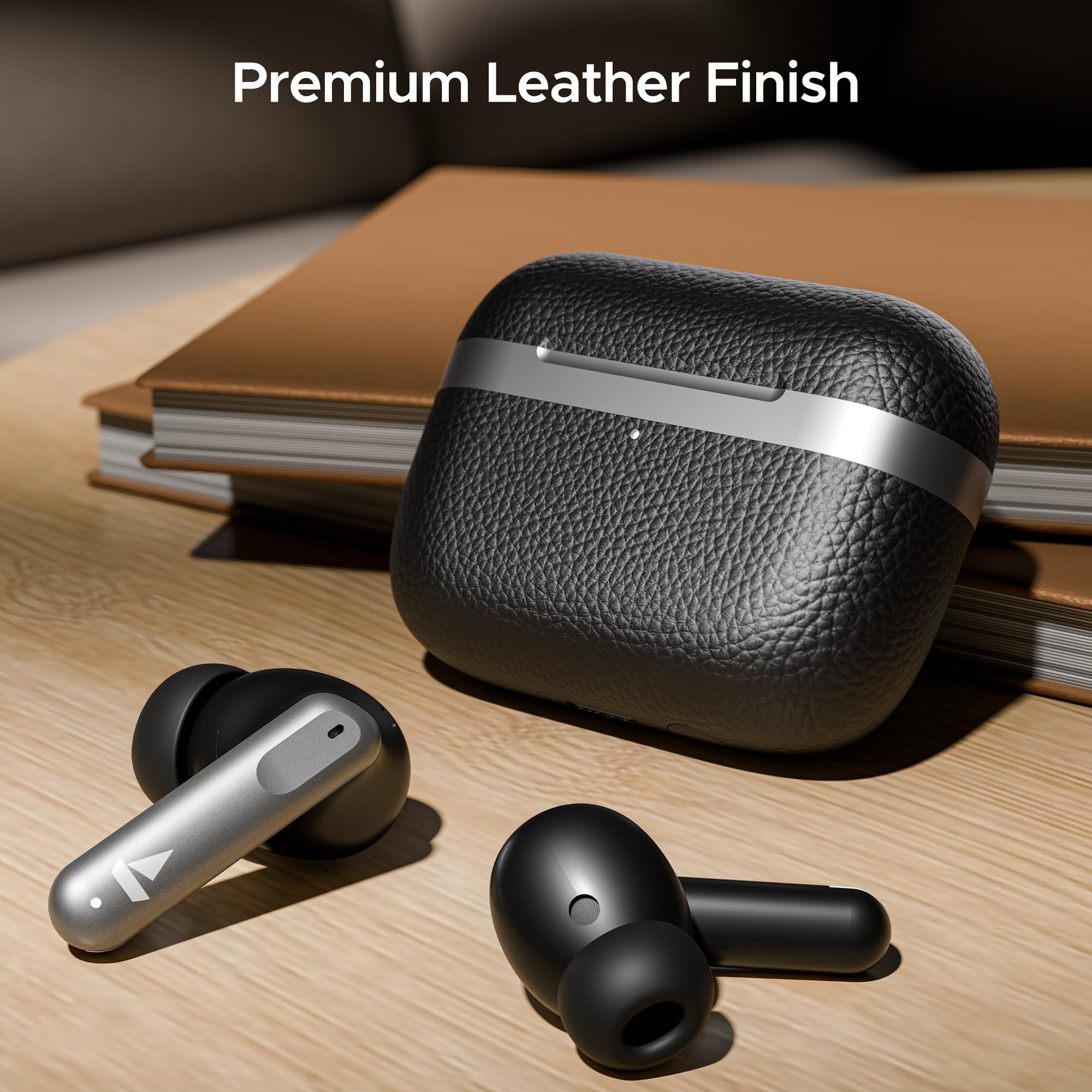 boAt Airdopes 111v2 Premium Leather Finish 4Mics ENx 50HRS Battery 13mm Drivers Fast Charge Dual Pair v54 Bluetooth TWS in Ear Earbuds Wireless Earphones with mic Classic Black