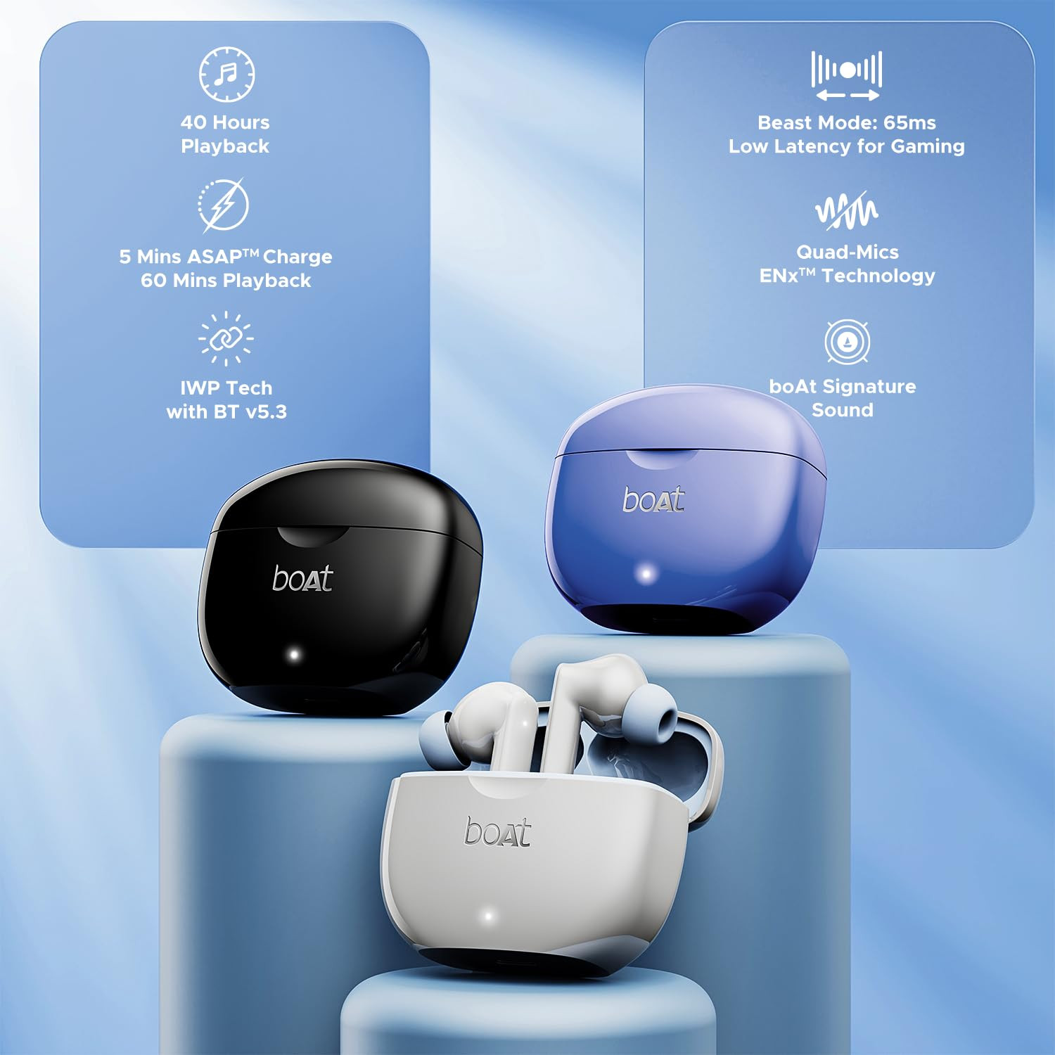 Boat Airdopes 120 Truly Wireless in Ear Ear Buds win Ear Detection 40 hrs Playtime Quad Mics with ENx Tech ASAP Charge IWP Tech Beast Mode with 65 ms Low Latency BTv53 IPX4Active Black