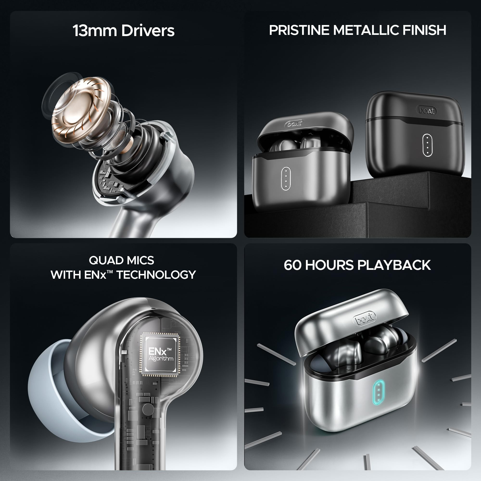 boAt Airdopes 141 Pro Buds 13mm Drivers Metallic Finish 60HRS Battery 4Mics ENx Fast Charge IPX5 v53 Bluetooth TWS in Ear Earbuds Wireless Earphones with mic Surfer Silver