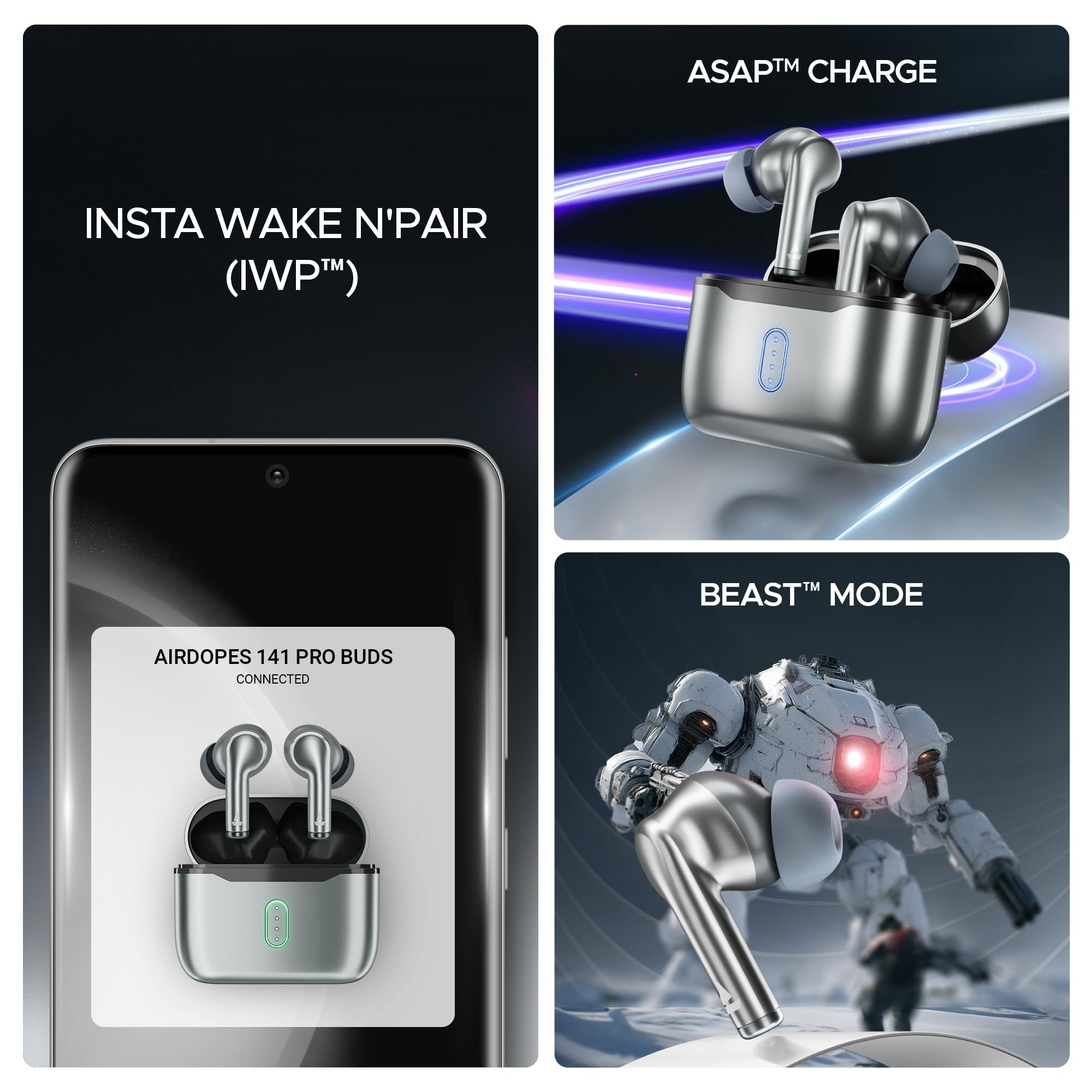 boAt Airdopes 141 Pro Buds 13mm Drivers Metallic Finish 60HRS Battery 4Mics ENx Fast Charge IPX5 v53 Bluetooth TWS in Ear Earbuds Wireless Earphones with mic Surfer Silver