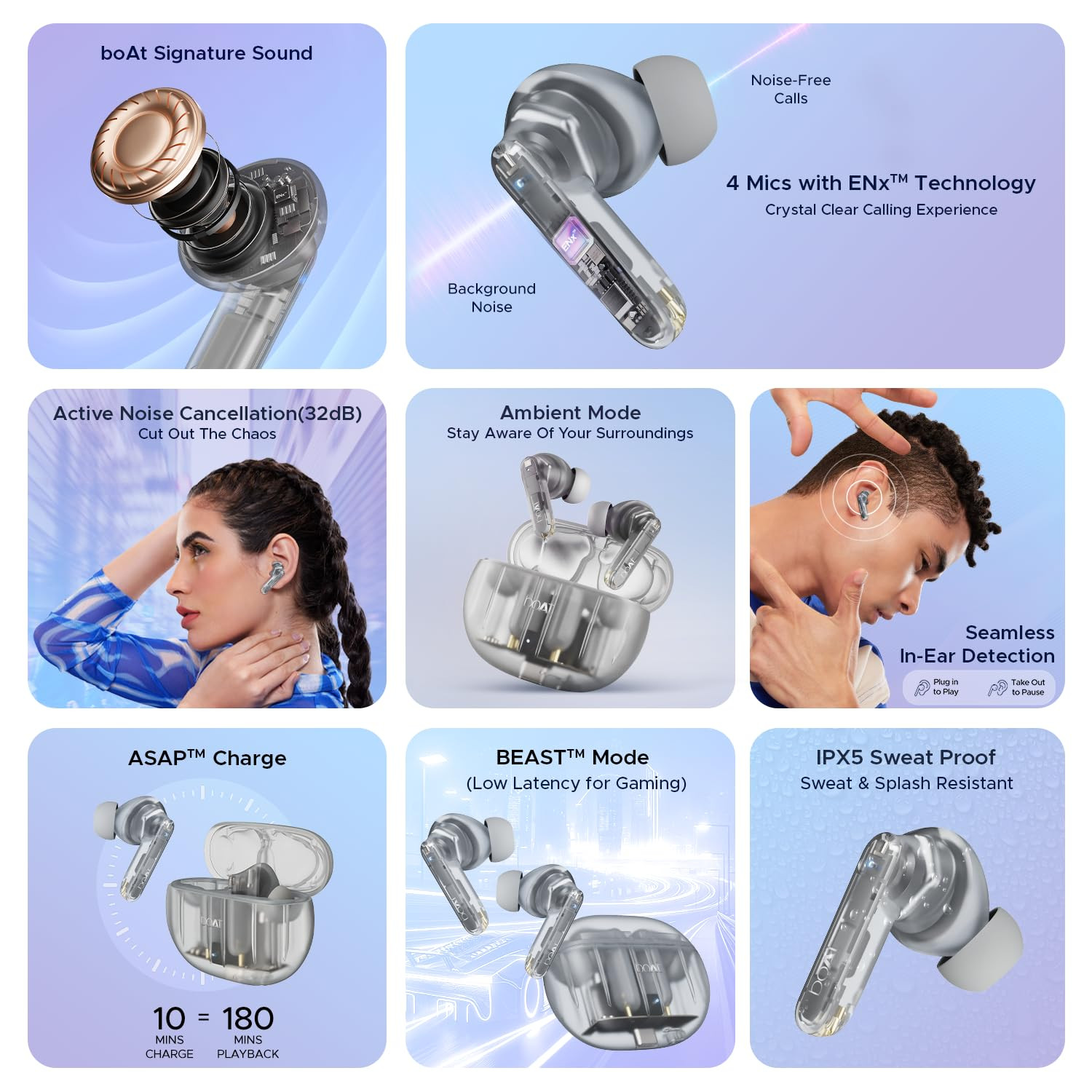 boAt Airdopes 191 ANC 32dB ANC Ambient Mode 60HRS Battery 4Mics ENx in-Ear Detection IWP Tech Fast Charge v53 Bluetooth Earbuds TWS Ear Buds Wireless Earphones with mic Pellucid White