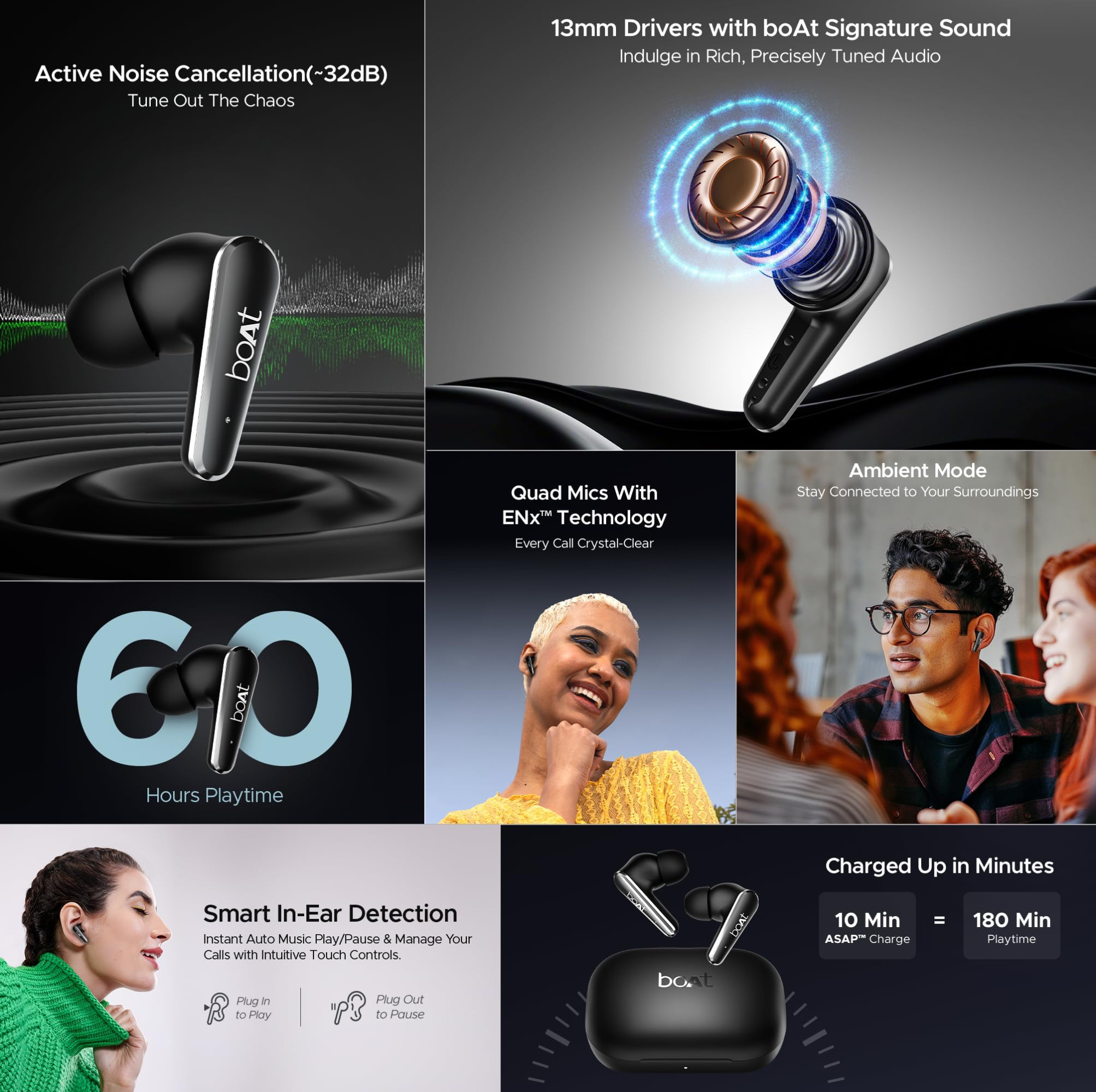 boAt Airdopes 280 ANC Active Noise Cancellation32dB 60Hrs Battery 13mm Drivers 4Mics ENx Fast Charge IPX5 v53 Bluetooth Earbuds TWS Ear Buds Wireless Earphones with mic Active Black