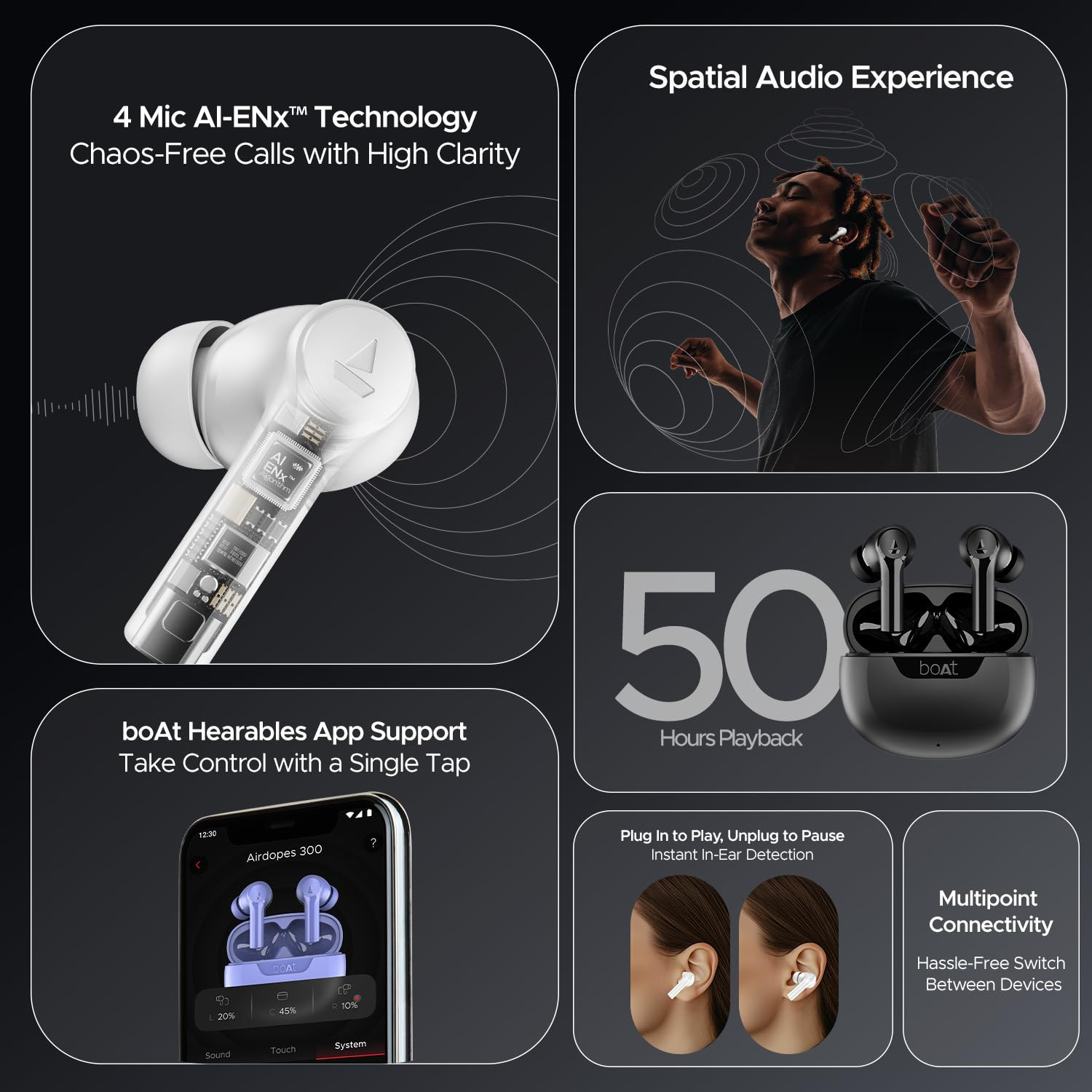 boAt Airdopes 300 Cinematic Spatial Audio 50HRS Battery 4Mic AI ENx Fast Charge App Support Low Latency IPX4 v53 Bluetooth Earbuds TWS Ear Buds Wireless Earphones with mic Gunmetal Black