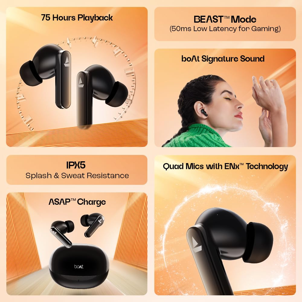 Boat Airdopes 301 TWS in Ear Earbuds 75hrs Playtime Quad Mics with ENx ASAP Charge IWP Tech Beast Mode 50ms Low Latency 10mm Drivers Bluetooth v53 IPX5 ResistanceMidnight Shadow