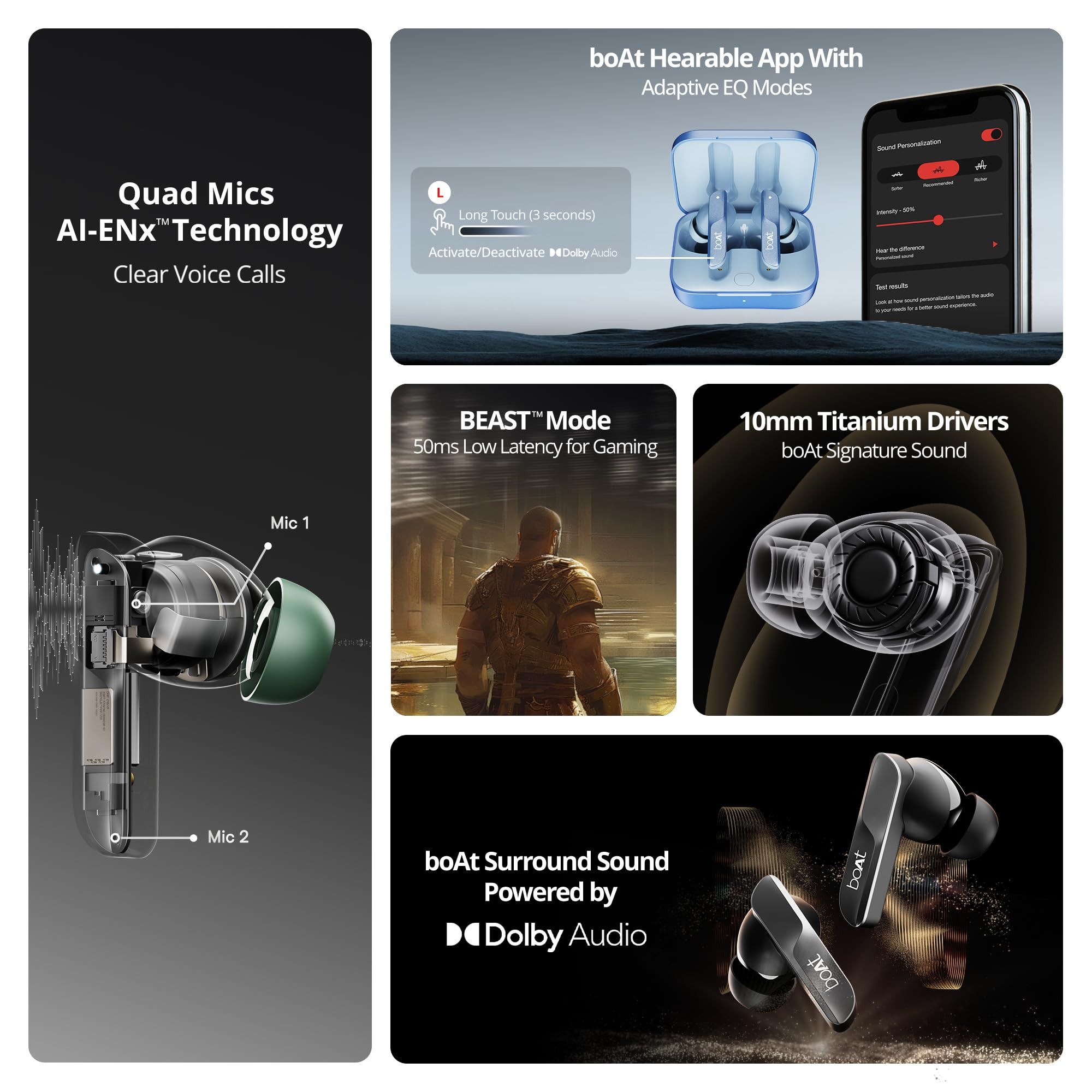 boAt Airdopes 800 Dolby Audio Adaptive EQ by Mimi 4Mics AI ENx App Support Fast Charge Low Latency IPX5 v53 Bluetooth TWS in Ear Earbuds Wireless Earphones with mic Interstellar Black