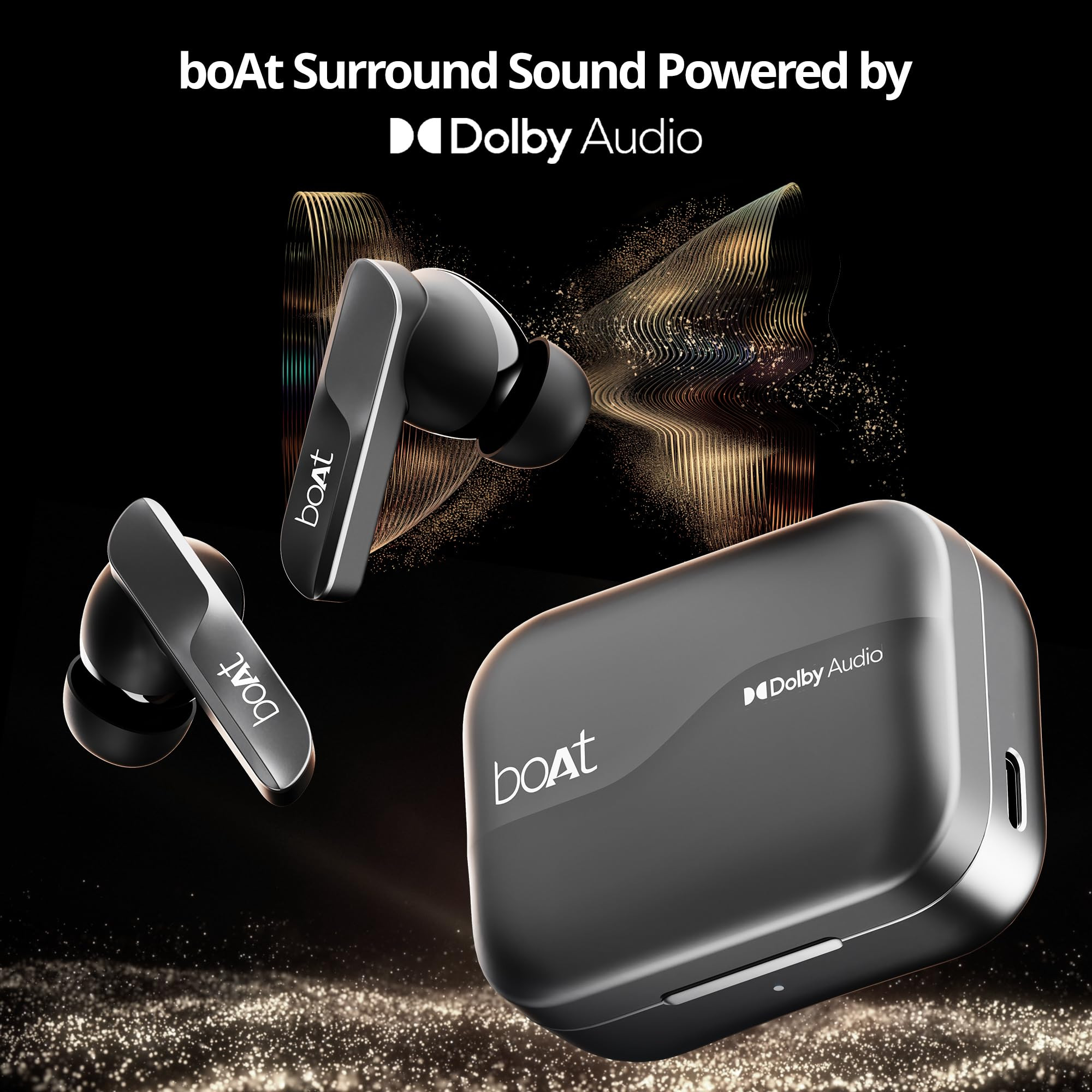 boAt Airdopes 800 Dolby Audio Adaptive EQ by Mimi 4Mics AI ENx App Support Fast Charge Low Latency IPX5 v53 Bluetooth TWS in Ear Earbuds Wireless Earphones with mic Interstellar Black