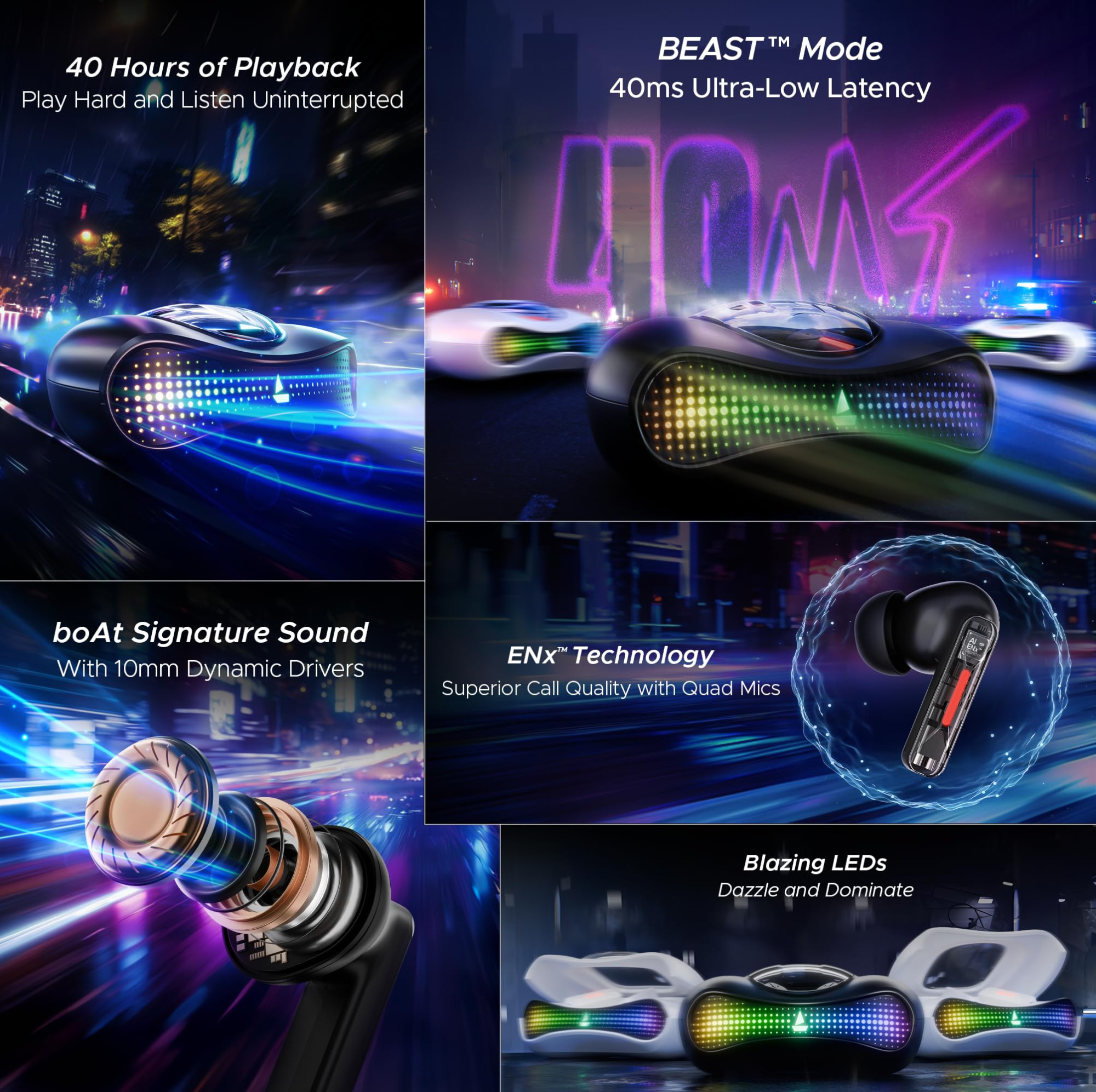 boAt Airdopes Drift TWS in Ear Earbuds 40hrs Playback Beast Mode40ms Latency 4 Mics with ENx Car-Shaped ID with RGB LEDs ASAP Charge IWP Tech BT v54 IPX4 ResistanceBlack Sabre