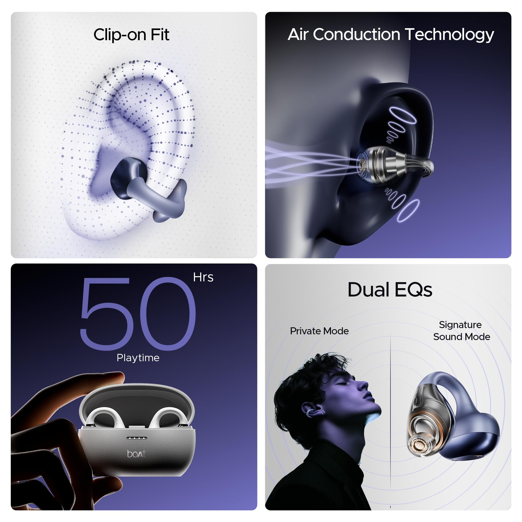 boAt Airdopes Loop OWS Earbuds wClip-On Fit Air Conduction Tech 50HRS Battery 4Mics ENx Dual EQ Modes 12mm Drivers 40ms Latency ASAP Charge OWS Ear Buds in Ear Bluetooth EarphonesCool Grey