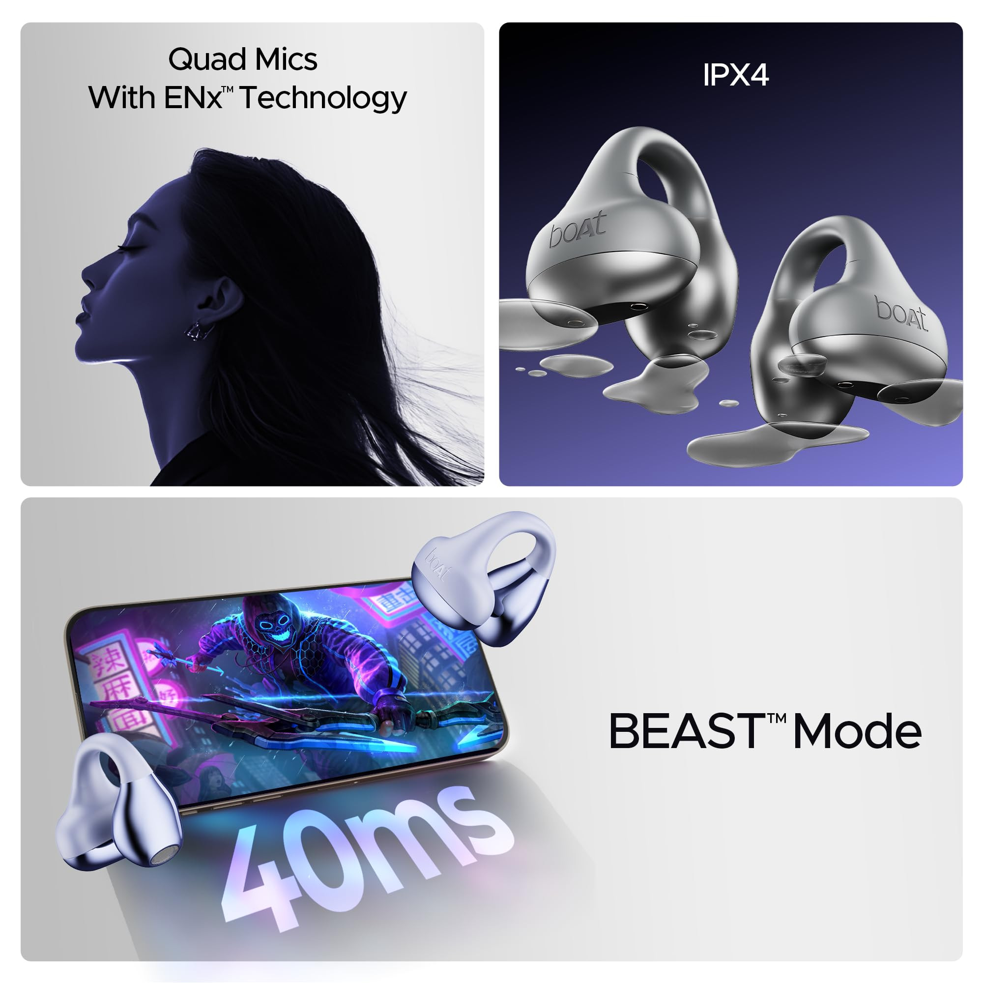 boAt Airdopes Loop OWS Earbuds wClip-On Fit Air Conduction Tech 50HRS Battery 4Mics ENx Dual EQ Modes 12mm Drivers 40ms Latency ASAP Charge OWS Ear Buds in Ear Bluetooth EarphonesCool Grey