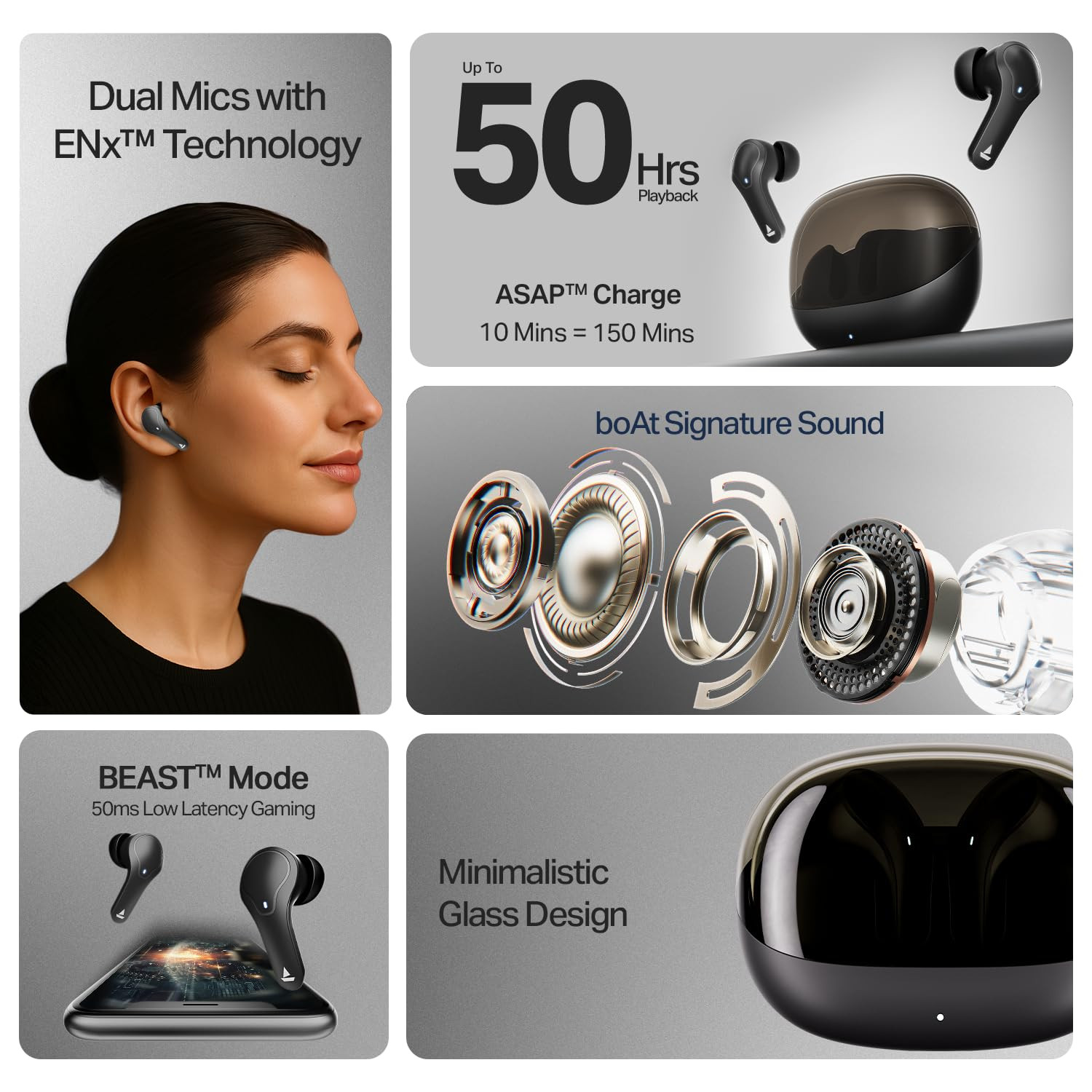 boAt Airdopes Plus 311 2025 Launch Glass Design Dual Mics ENx Fast Charge 50 Hrs Battery Low Latency IPX4 Bluetooth Earbuds TWS Ear Buds Wireless Earphones with mic Charcoal Black