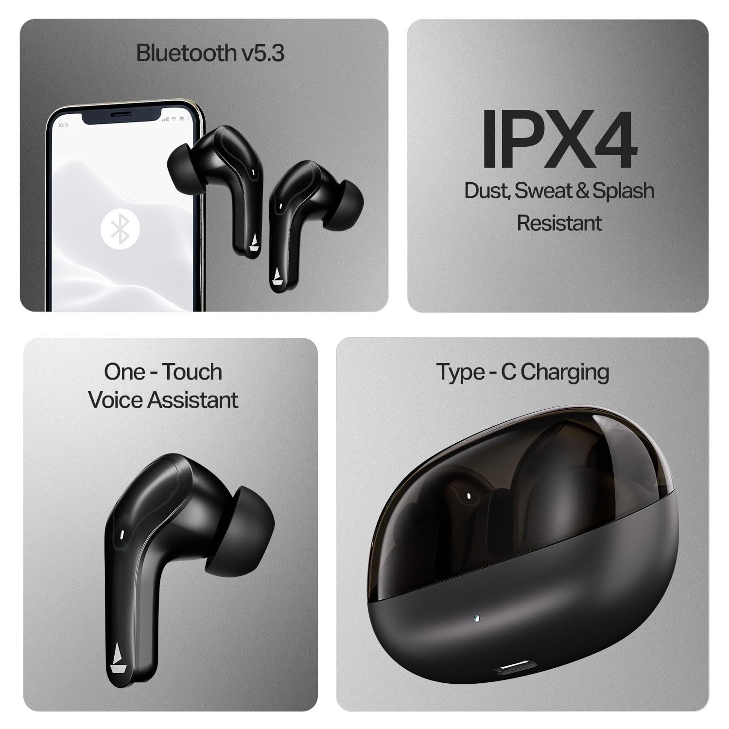 boAt Airdopes Plus 311 2025 Launch Glass Design Dual Mics ENx Fast Charge 50 Hrs Battery Low Latency IPX4 Bluetooth Earbuds TWS Ear Buds Wireless Earphones with mic Charcoal Black