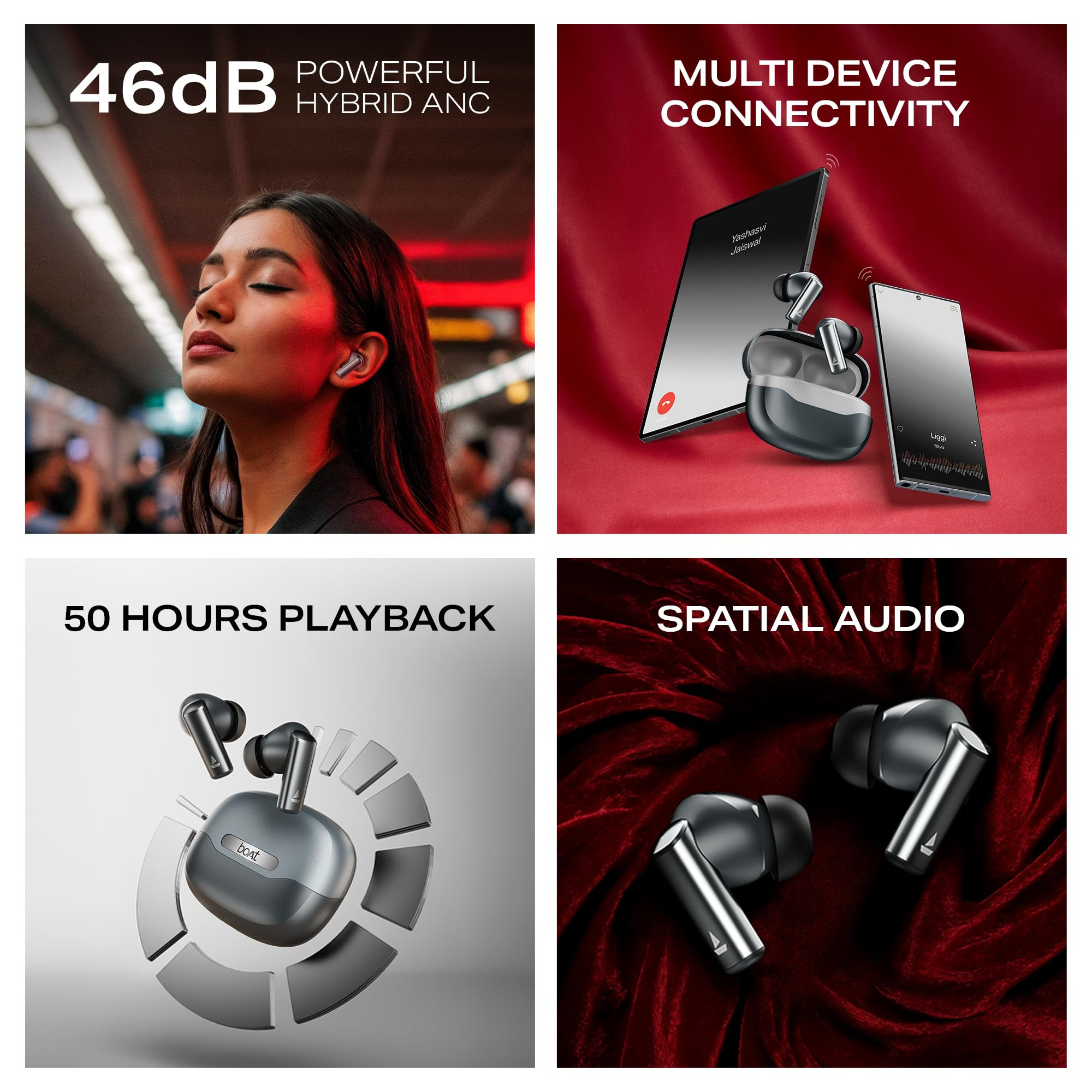 boAt Airdopes Prime 701 ANC 2025 Launch46dB Hybrid ANC 50Hr Battery Real Spatial AudioMultidevice ConnectApp Support Bluetooth Earbuds TWS Ear Buds Wireless Earphones with mic Obsidian Grey