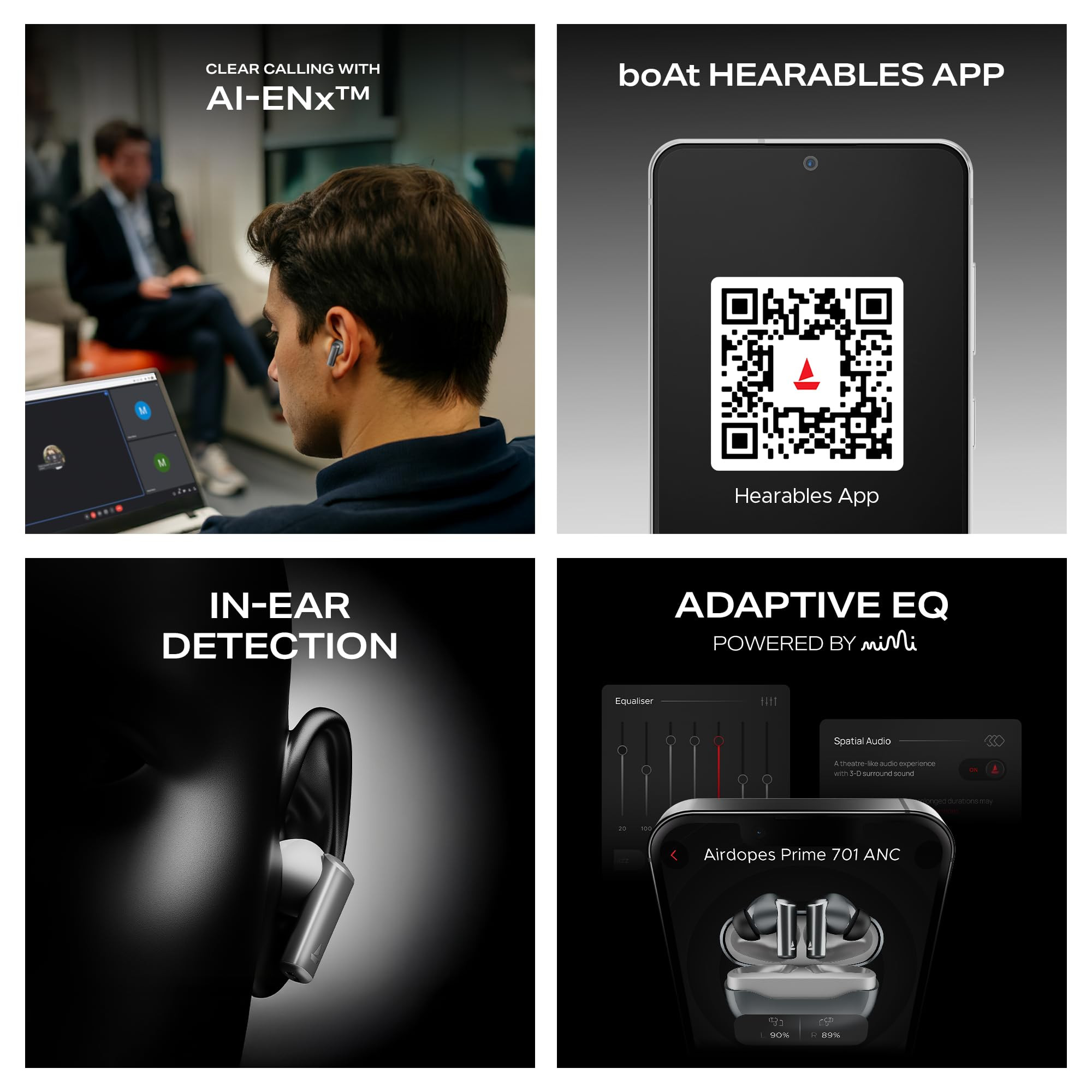 boAt Airdopes Prime 701 ANC 2025 Launch46dB Hybrid ANC 50Hr Battery Real Spatial AudioMultidevice ConnectApp Support Bluetooth Earbuds TWS Ear Buds Wireless Earphones with mic Obsidian Grey