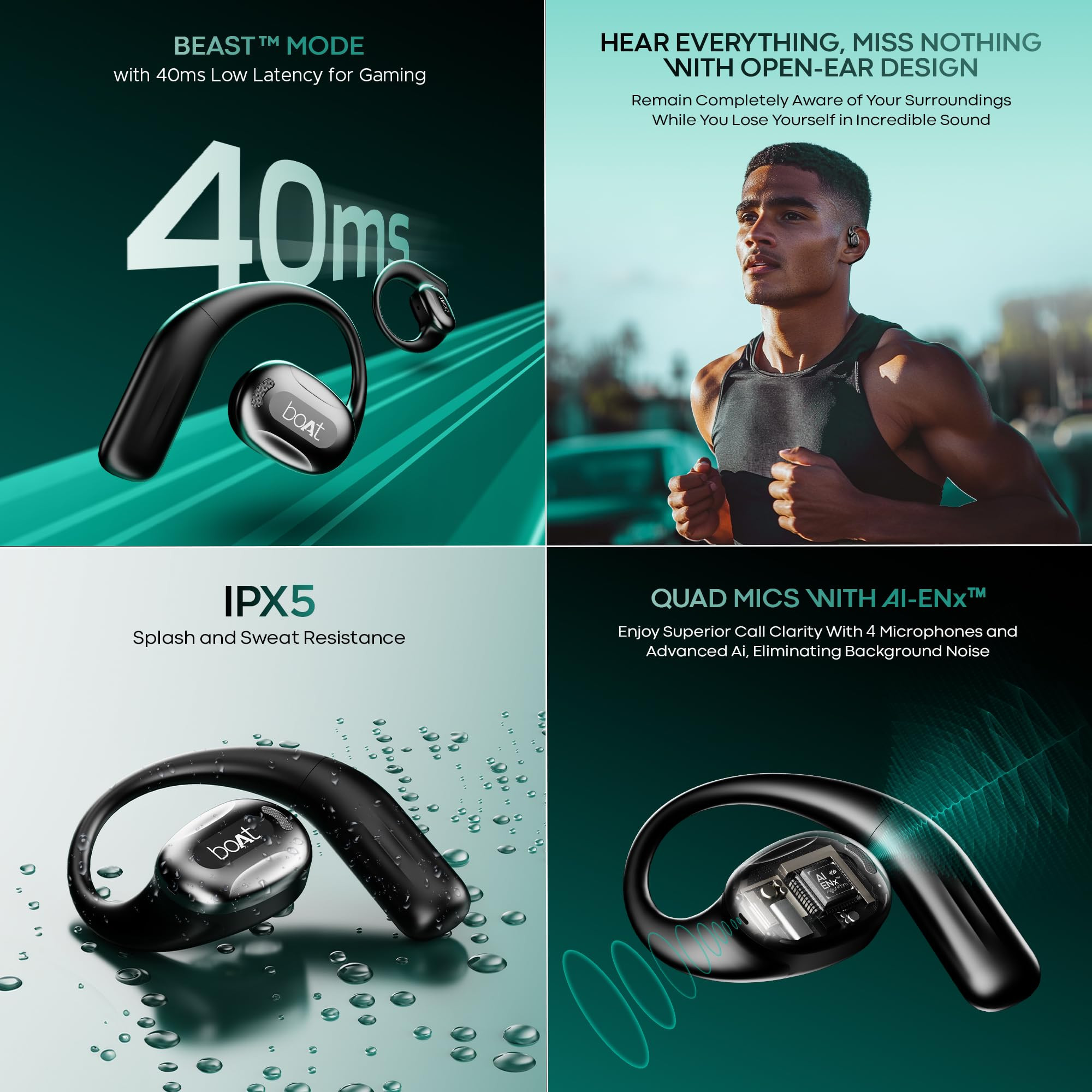 boAt Airdopes Progear Open-Ear Ear Buds for Outdoor Sports WAir Conduction Techin Ear4 Mics WAi-Enx 100Hrs Playback15Mm Drivers Secure FitBeast Mode W 40Ms Latency ASAP ChargeActive Black