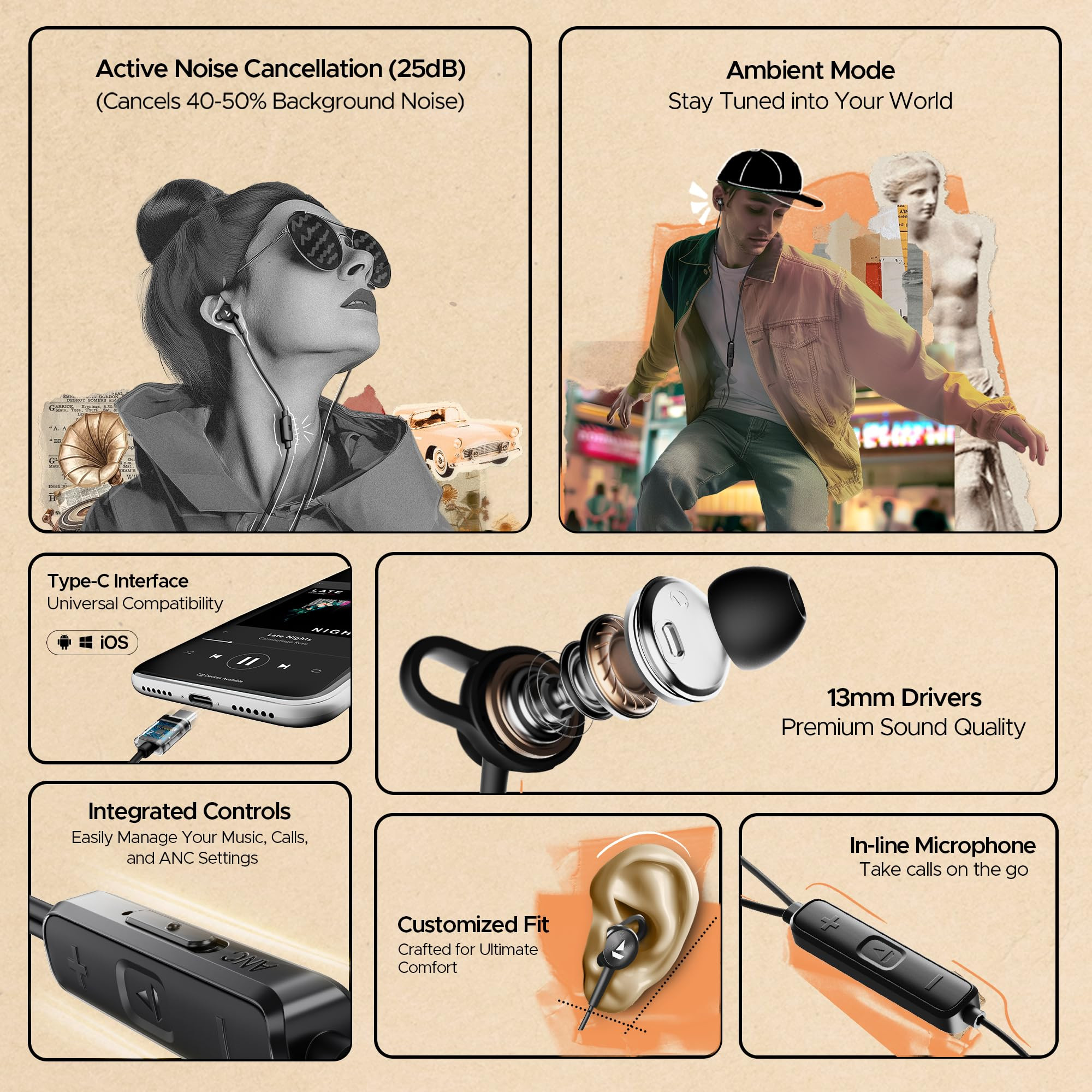 boAt Bassheads 122 ANC Wired in Ear Earphones with 25Db Active Noise Cancellation 13Mm Drivers Ambient Mode Type-C Jack in-Line Microphone Snug Fit Multi-OS CompatibilityBlack