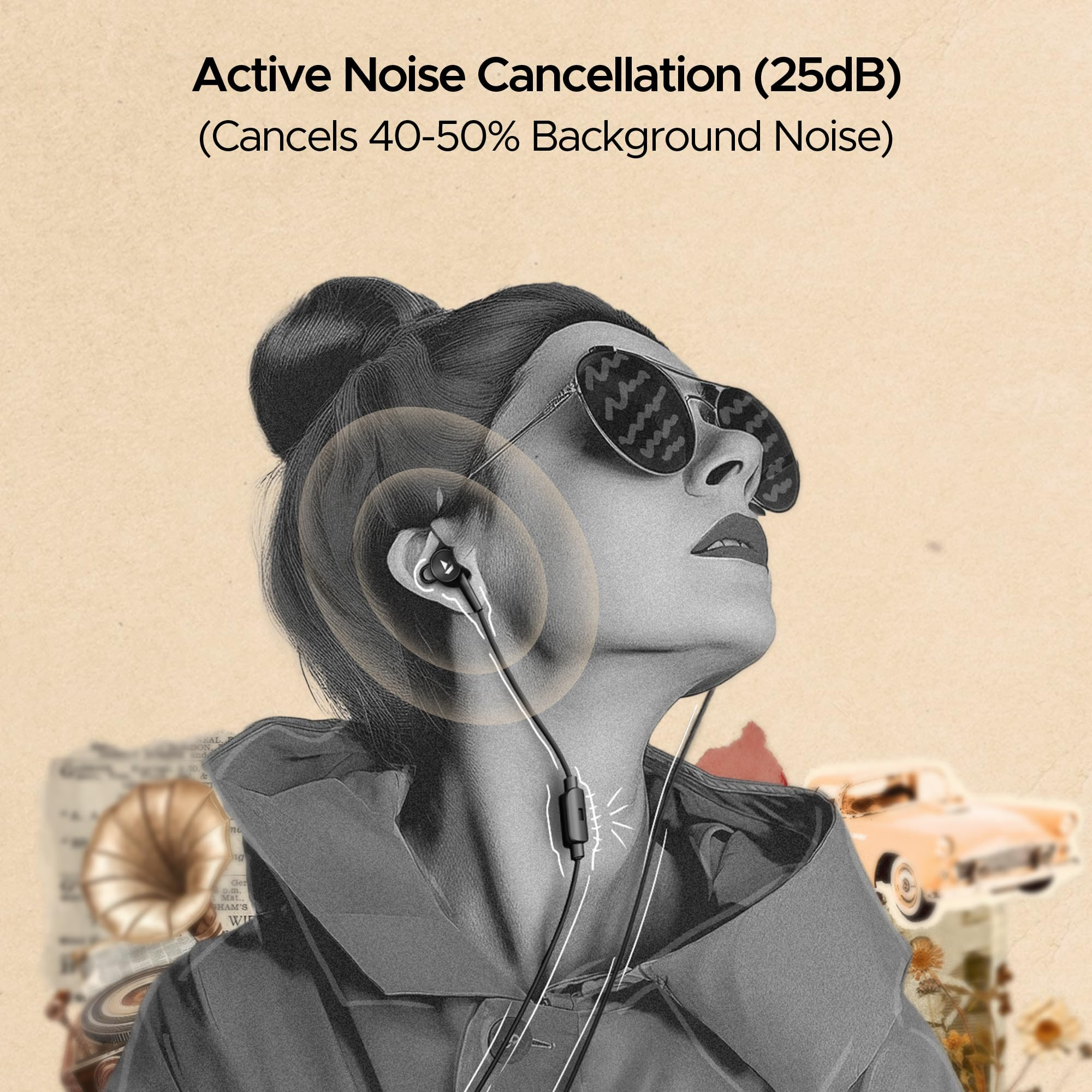 boAt Bassheads 122 ANC Wired in Ear Earphones with 25Db Active Noise Cancellation 13Mm Drivers Ambient Mode Type-C Jack in-Line Microphone Snug Fit Multi-OS CompatibilityBlack