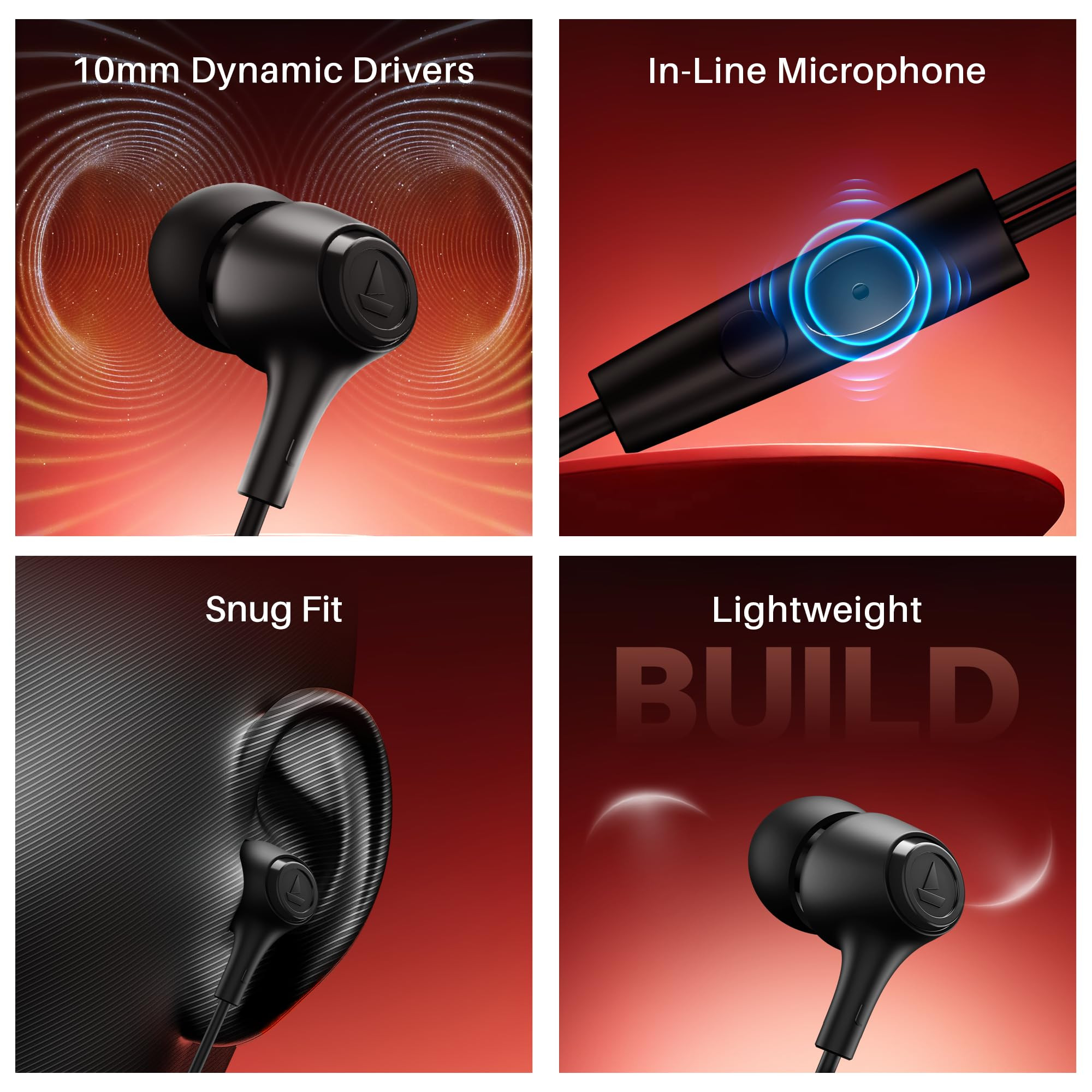 boAt BassHeads 95 2025 Launch Wired Earphones 10mm Drivers Signature Sound in-Line Microphone Integrated Controls Snug Fit Lightweight Voice Assistant 120cm Cable 35mm JackActive Black