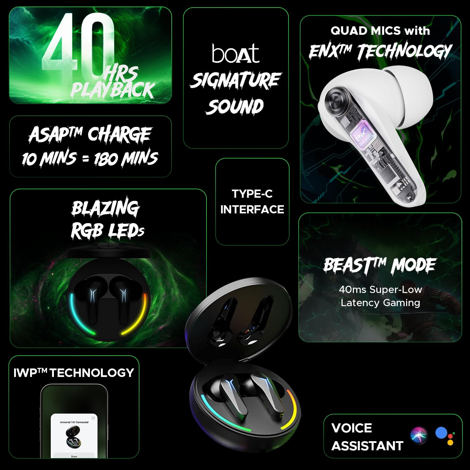 boAt Immortal 141 ENx Tech 40HRS Battery Low Latency Mode Fast Charge IPX4 IWP Tech RBG Lights v53 Bluetooth TWS in Ear Earbuds Wireless Earphones with mic Gaming Earbuds Black Sabre