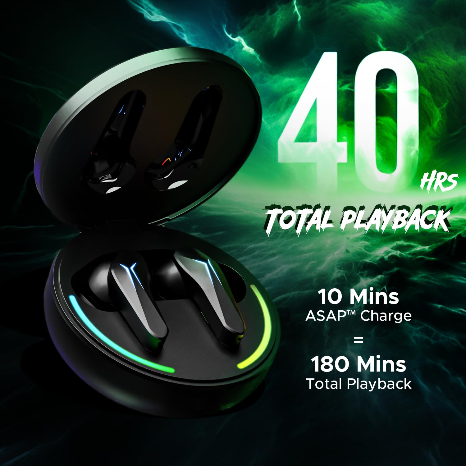 boAt Immortal 141 ENx Tech 40HRS Battery Low Latency Mode Fast Charge IPX4 IWP Tech RBG Lights v53 Bluetooth TWS in Ear Earbuds Wireless Earphones with mic Gaming Earbuds Black Sabre