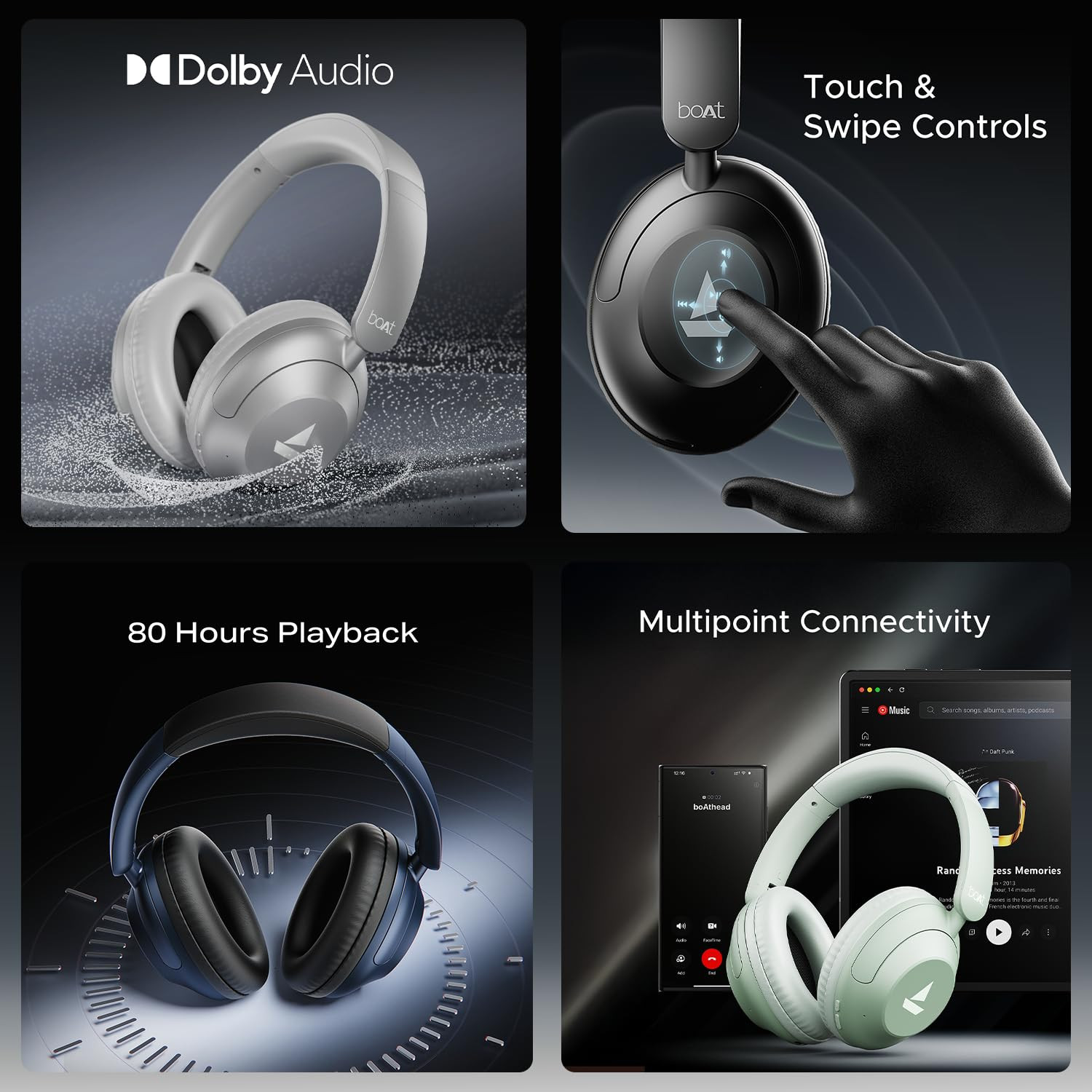 boAt New Launch Rockerz 650 Pro TouchSwipe Controls Dolby Audio 80Hrs Battery 2Mics ENx Fast Charge App Support Dual Pair Bluetooth Over Ear Headphones with Mic Iris Black