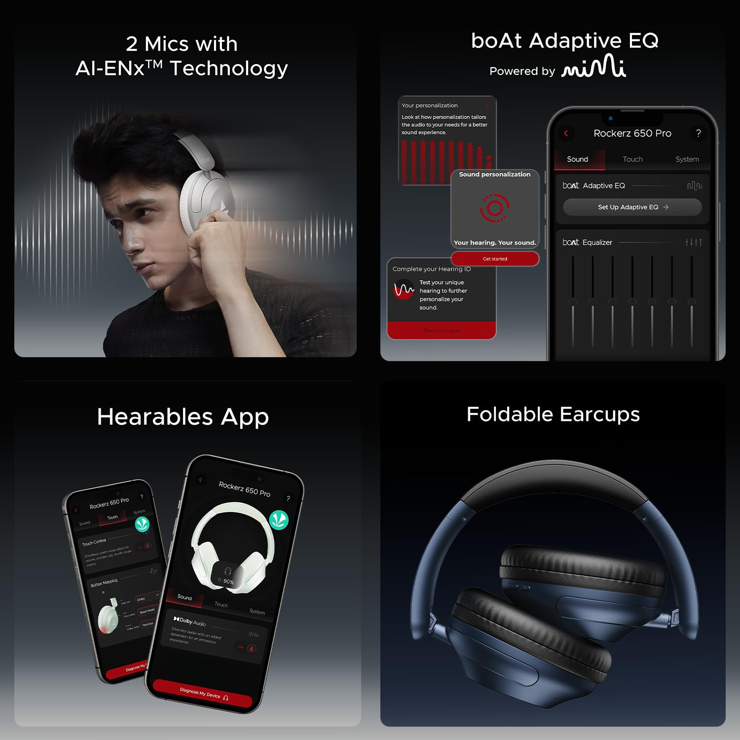 boAt New Launch Rockerz 650 Pro TouchSwipe Controls Dolby Audio 80Hrs Battery 2Mics ENx Fast Charge App Support Dual Pair Bluetooth Over Ear Headphones with Mic Iris Black