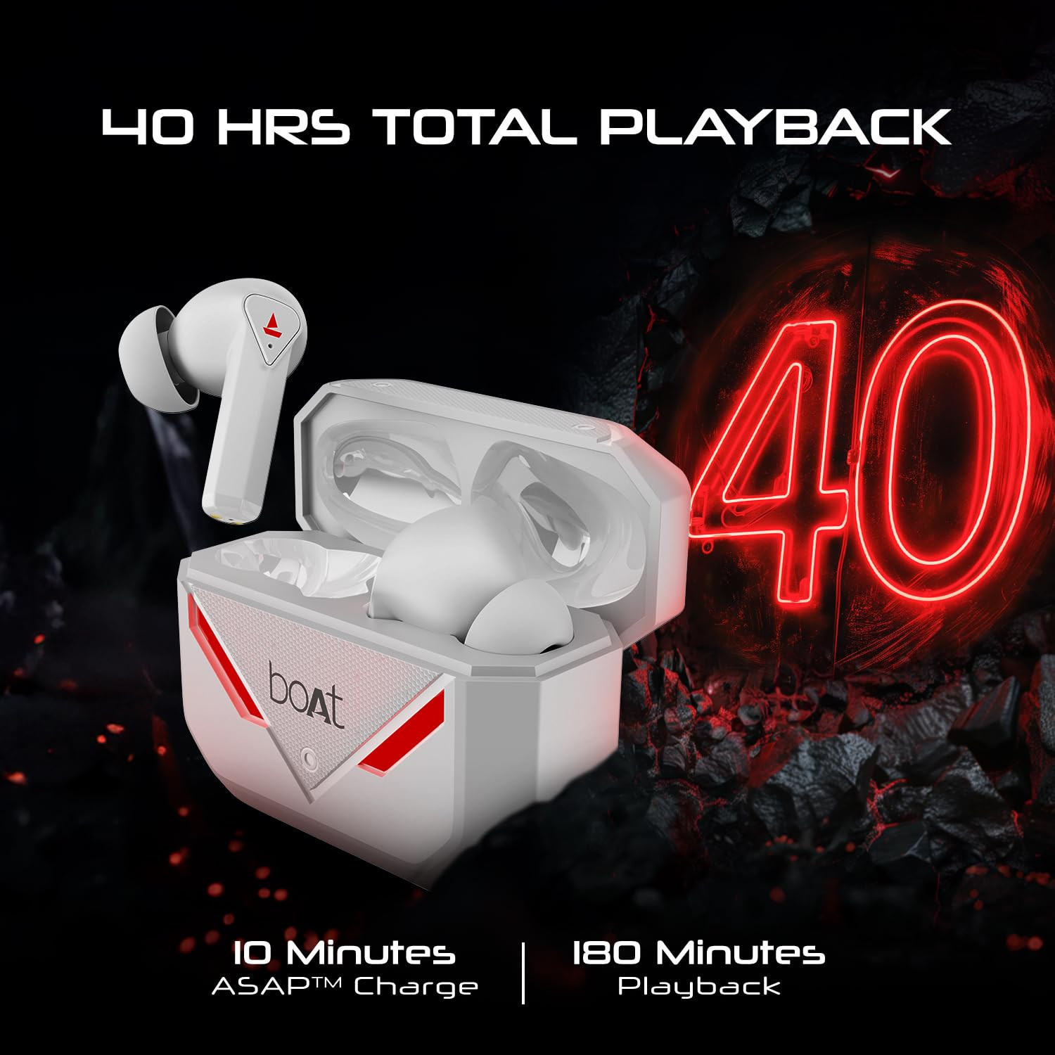 boAt Newly Launched Immortal 158 TWS in Ear Gaming Earbuds with 40hrs Playback 40ms Super-Low Latency Beast Mode RGB LEDs 4 Mics with ENx IWP ASAP Charge BTv53White Sabre