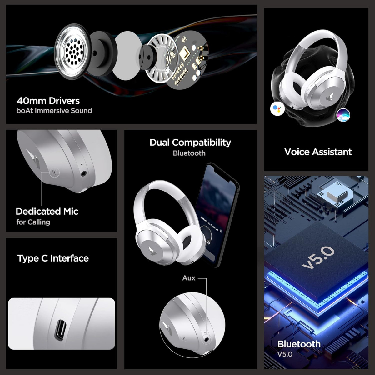 boAt Nirvana 751 ANC Hybrid Active Noise Cancelling Bluetooth Wireless Over Ear Headphones Silver Sterling