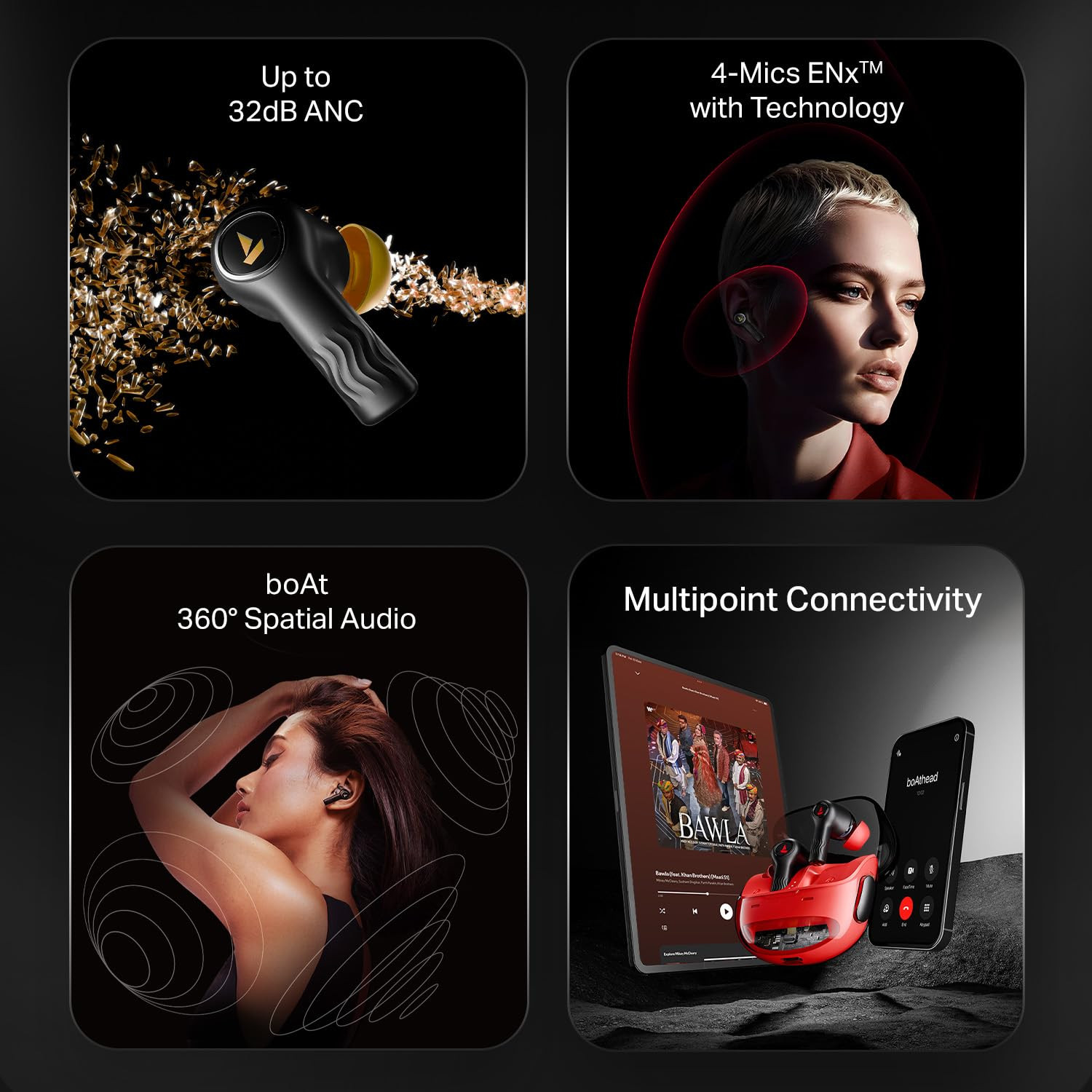 boAt Nirvana Crystl 2025 Launch Transparent CaseSpatial Audio ANC32dB 100Hrs Battery4Mics ENxApp Support Bluetooth Earbuds TWS Ear Buds Wireless Earphones with mic Quantum Black