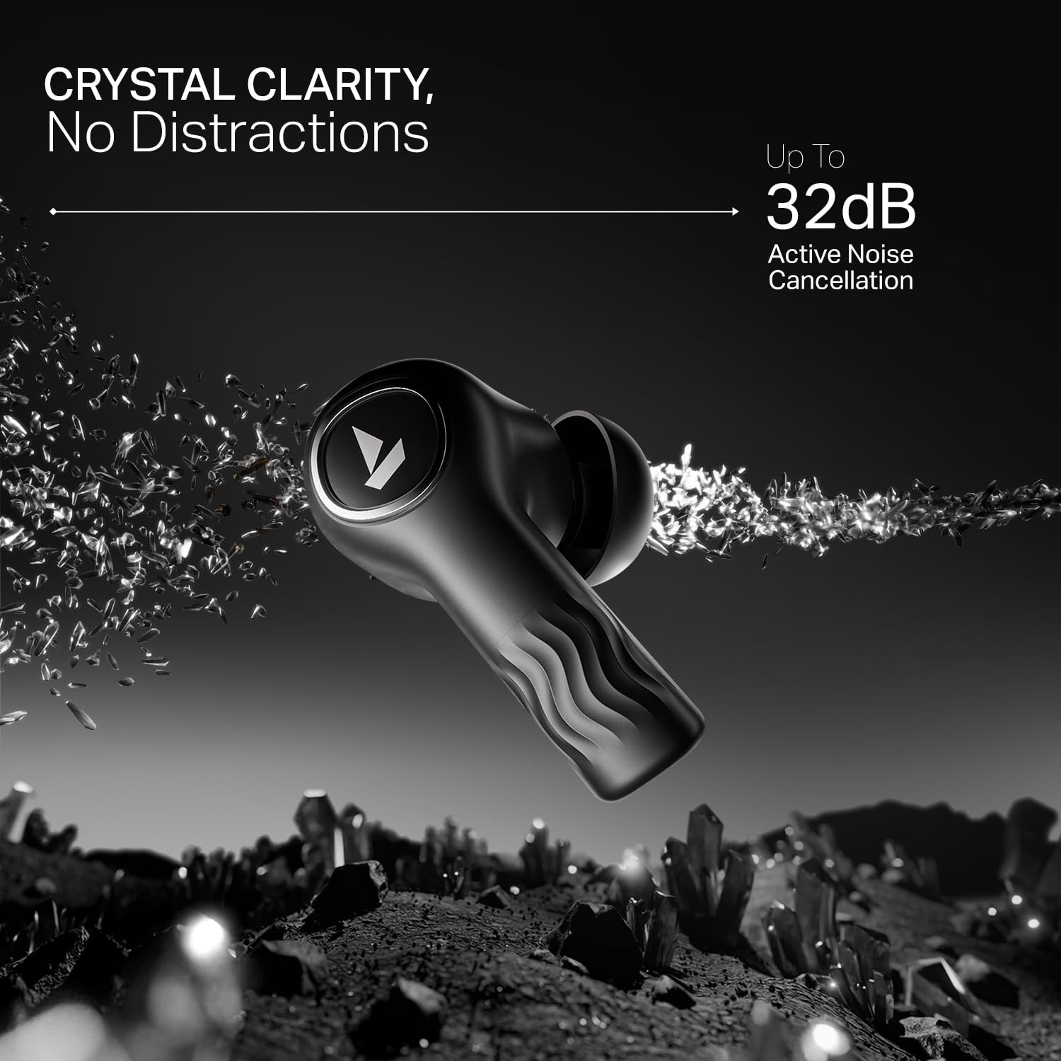 boAt Nirvana Crystl 2025 Launch Transparent CaseSpatial Audio ANC32dB 100Hrs Battery4Mics ENxApp Support Bluetooth Earbuds TWS Ear Buds Wireless Earphones with mic Quantum Black