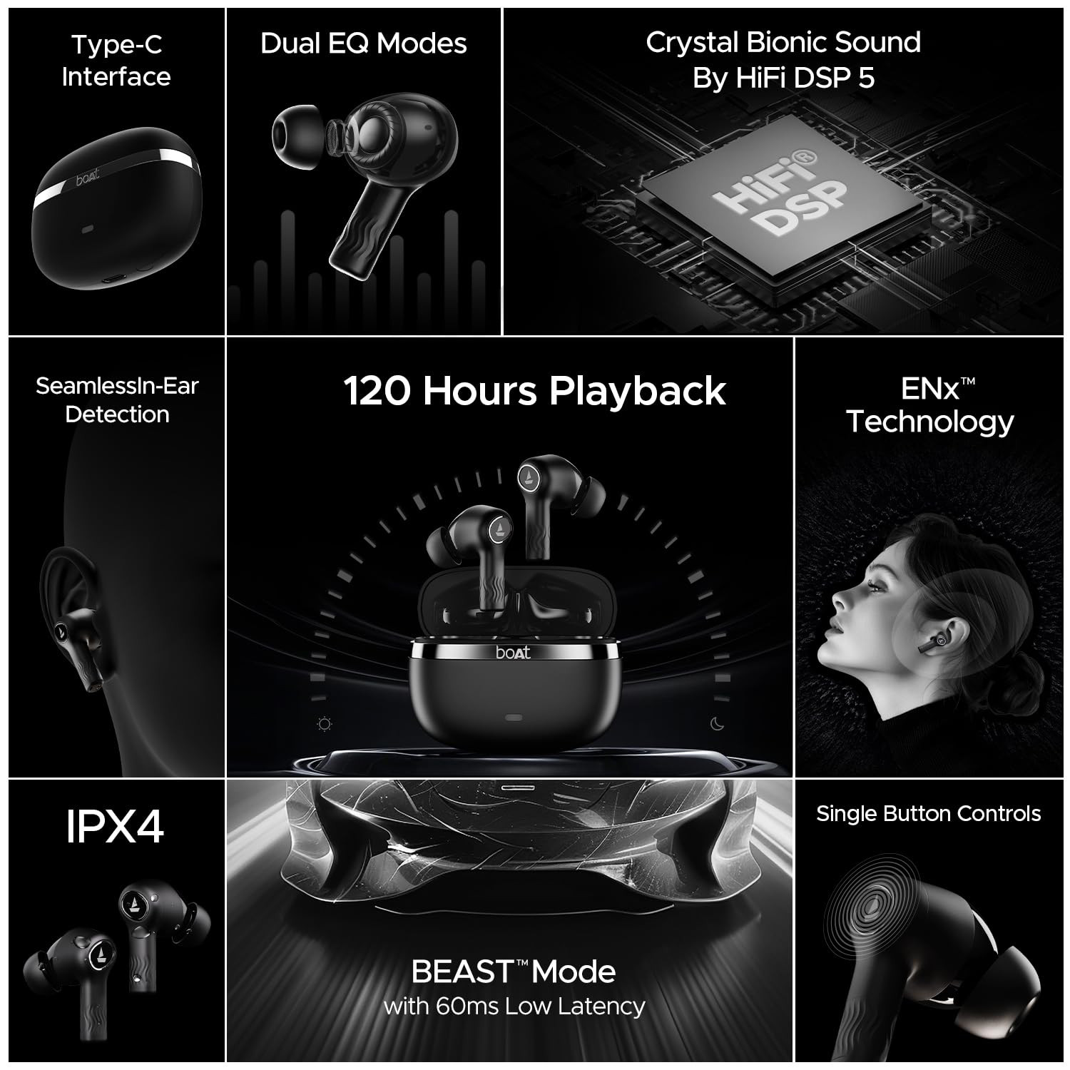 boAt Nirvana Ion 120HRS Battery Crystal Bionic Sound wDual EQ Modes 4Mics ENx App Support Low Latency IPX4 v52 Bluetooth Earbuds TWS Ear Buds Wireless Earphones with mic Charcoal Black