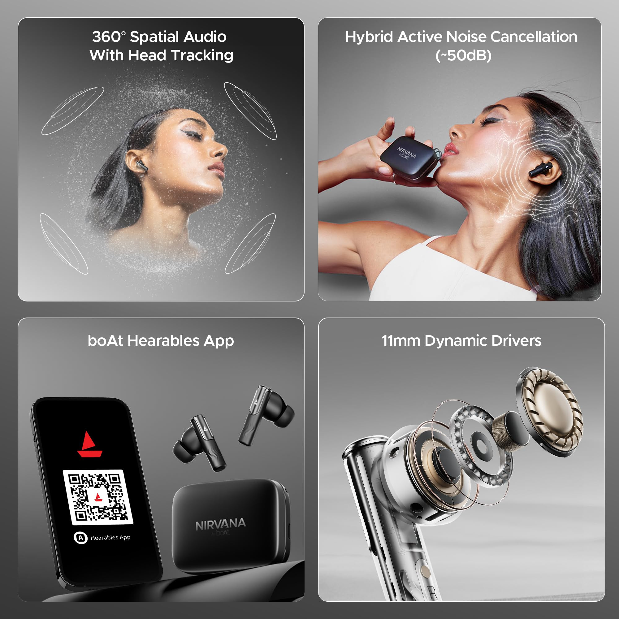 boAt Nirvana Ivy 50dB Hybrid Active Noise Cancellation 360 Spatial AudioFast ChargeApp Support v53 Bluetooth Earbuds TWS Ear Buds Wireless Earphones with mic Gunmetal Black